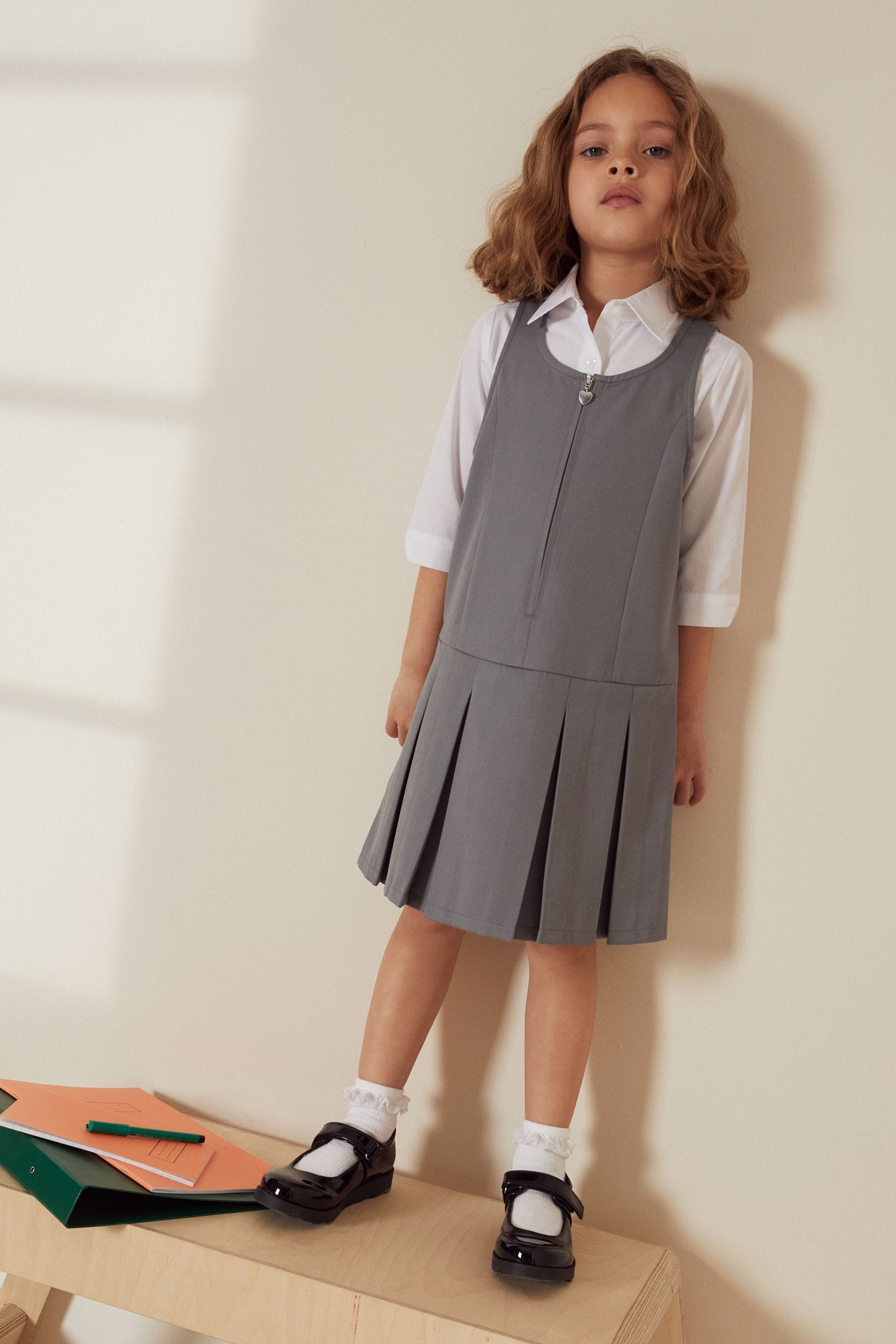 Light Grey Zip Front School Pinafore (3-14yrs)