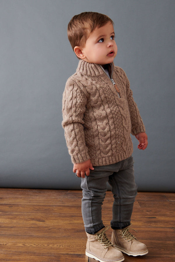 Mink Brown Zip Neck Chunky Cable Jumper (3mths-7yrs)