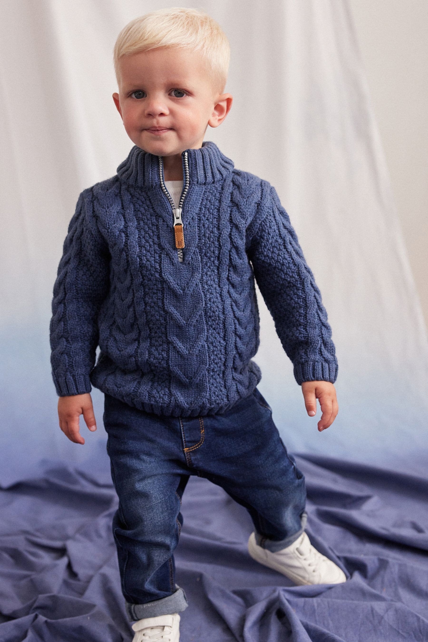 Blue Zip Neck Chunky Cable Jumper (3mths-7yrs)