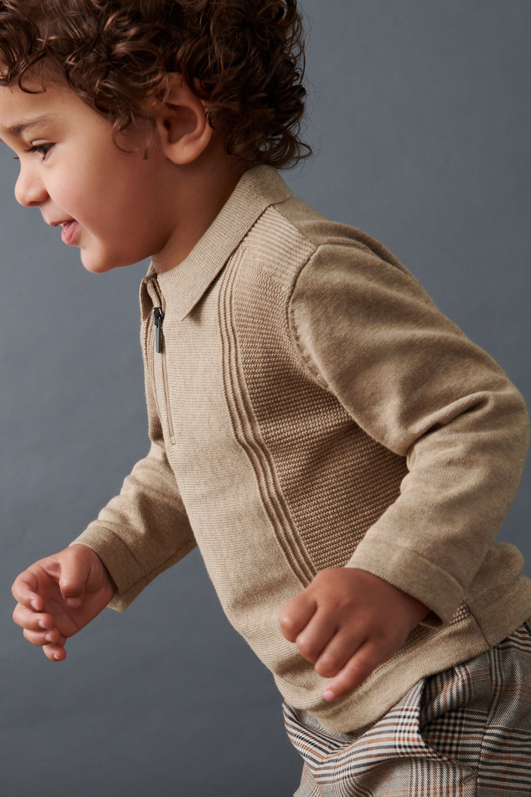 Neutral Long Sleeve Zip Neck Textured Polo Shirt (3mths-7yrs)