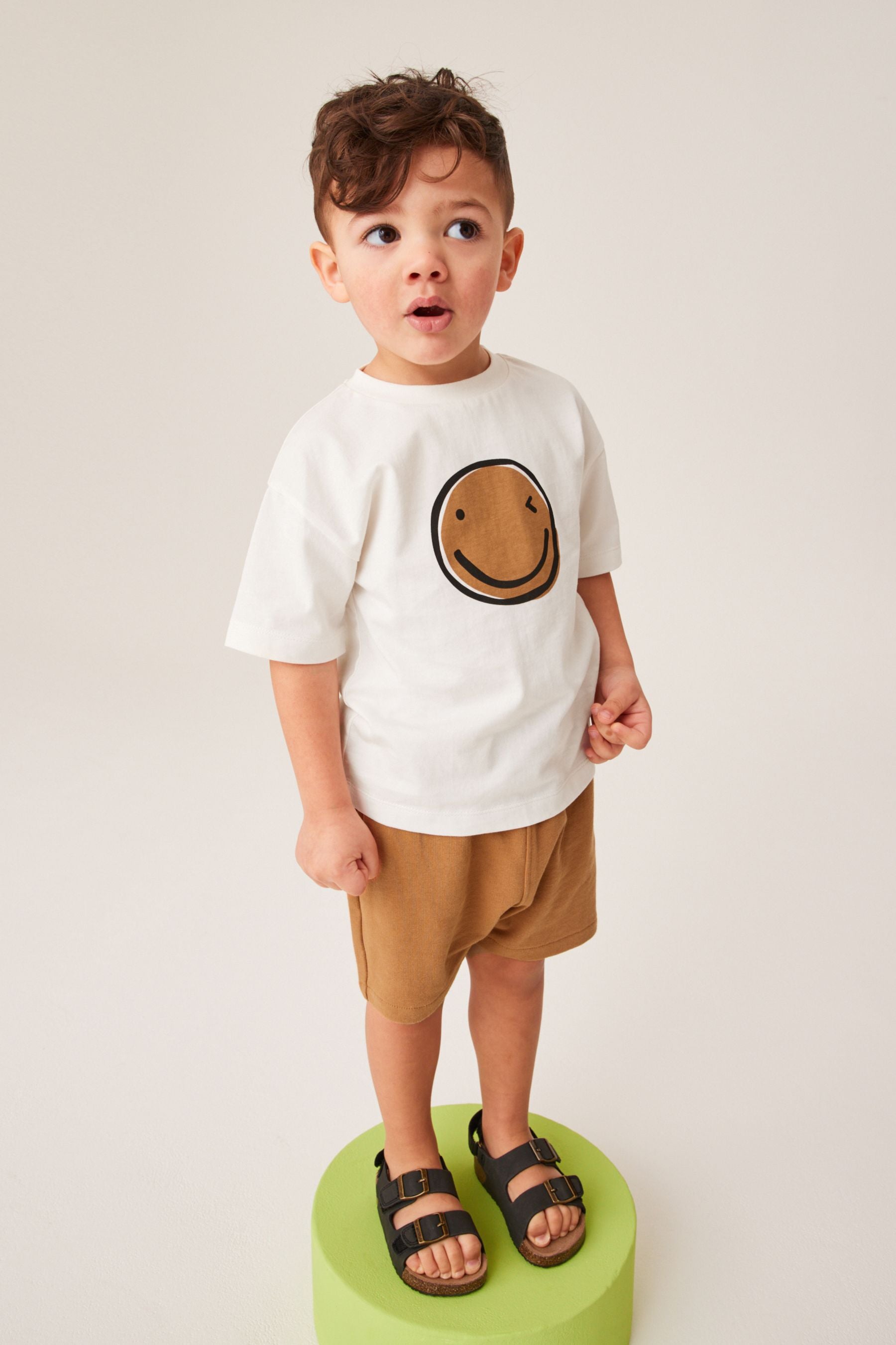 Ecru Smile Face Oversized T-Shirt and Shorts Set (3mths-7yrs)