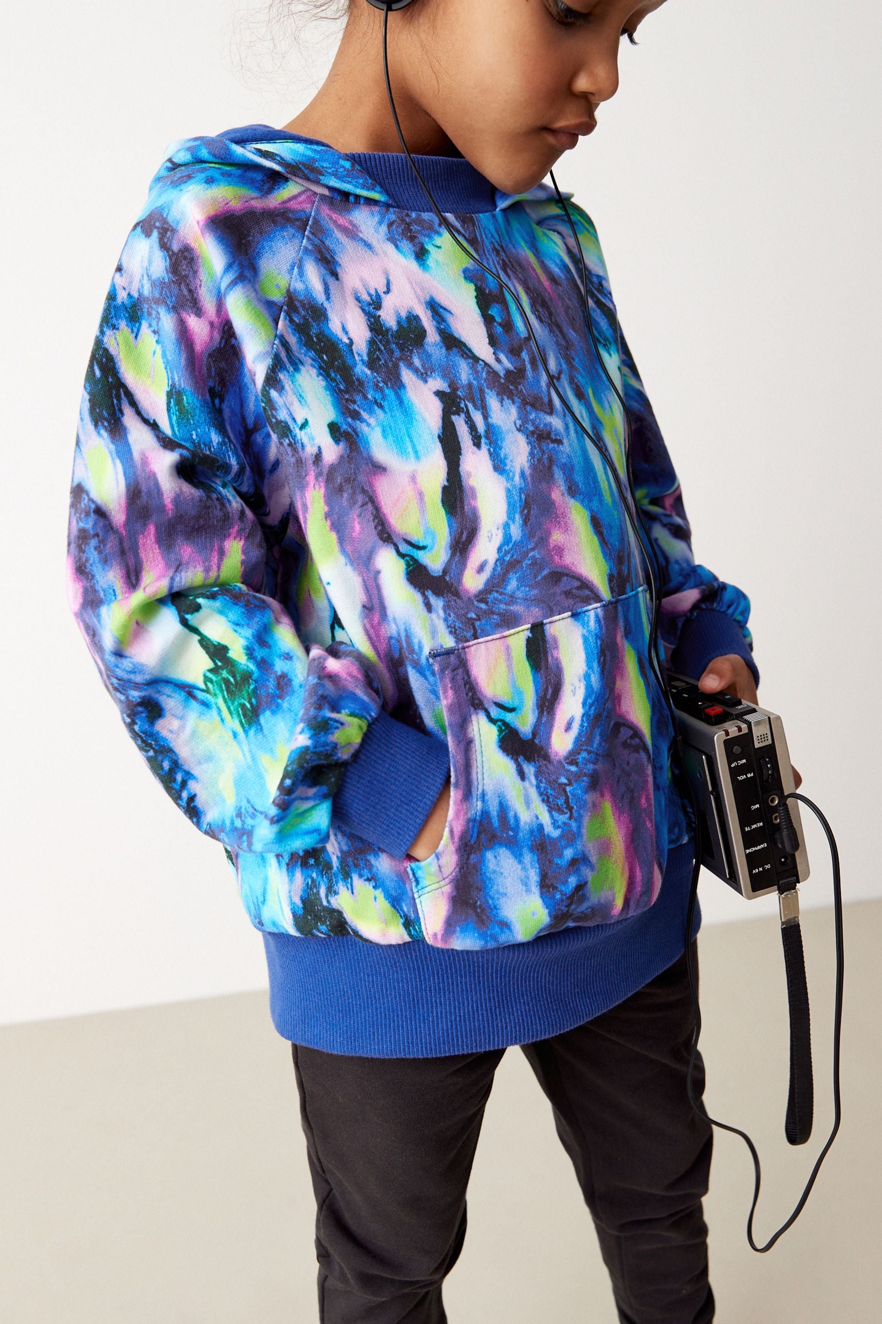 Blue/Lime Green Blurred Printed Hoodie (3-16yrs)