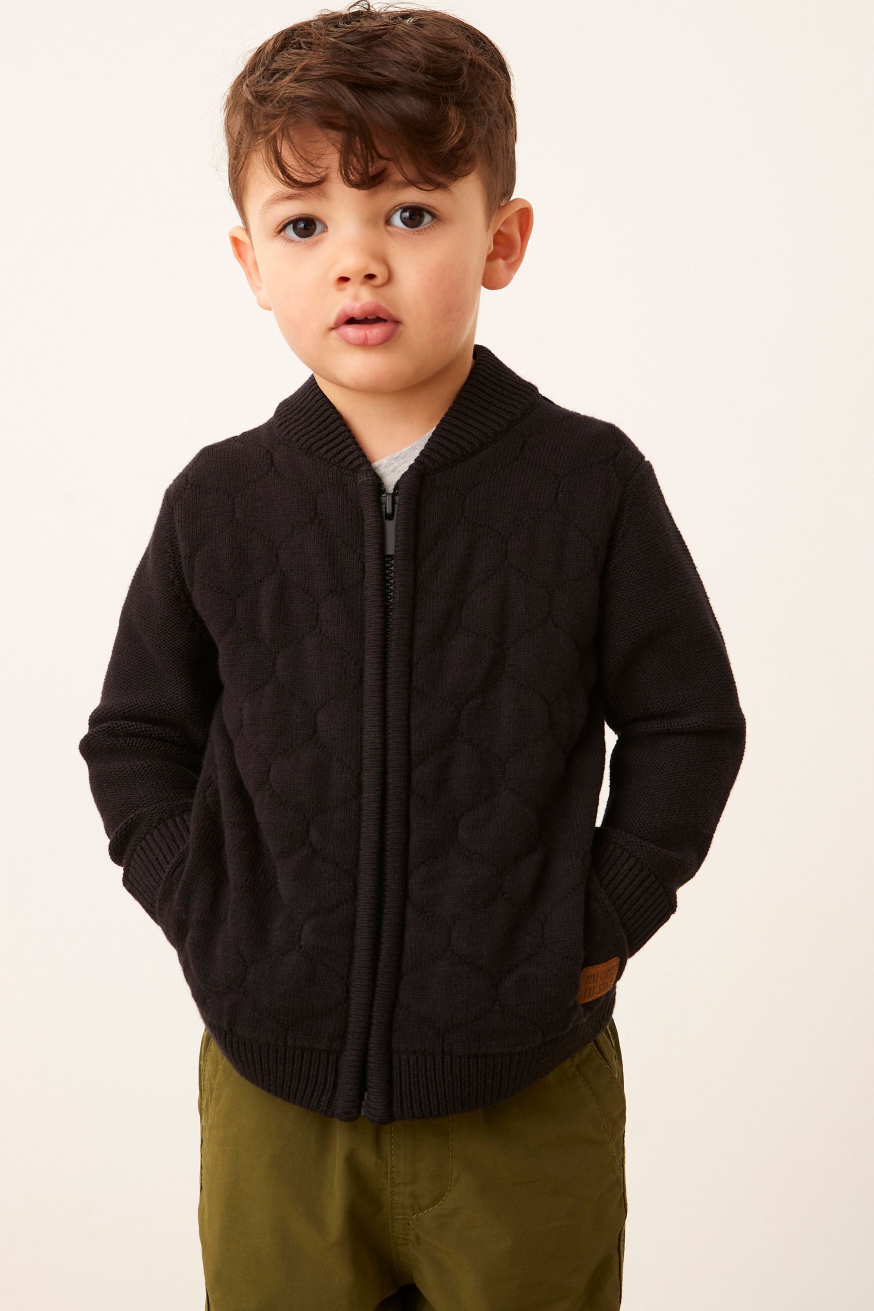 Black Knitted Zip Through Quilted Bomber Jacket (3mths-7yrs)