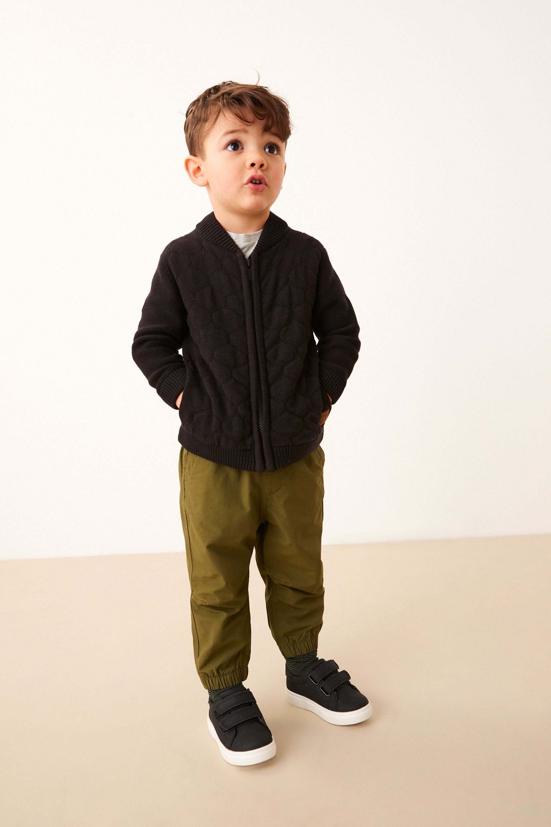 Black Knitted Zip Through Quilted Bomber Jacket (3mths-7yrs)