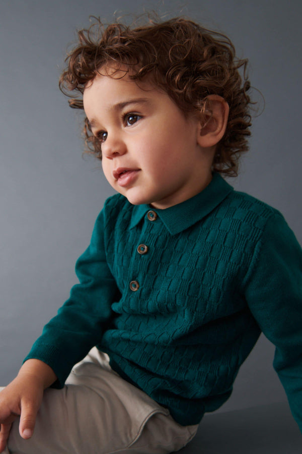 Green Textured Long Sleeve Knitted Polo Shirt (3mths-7yrs)