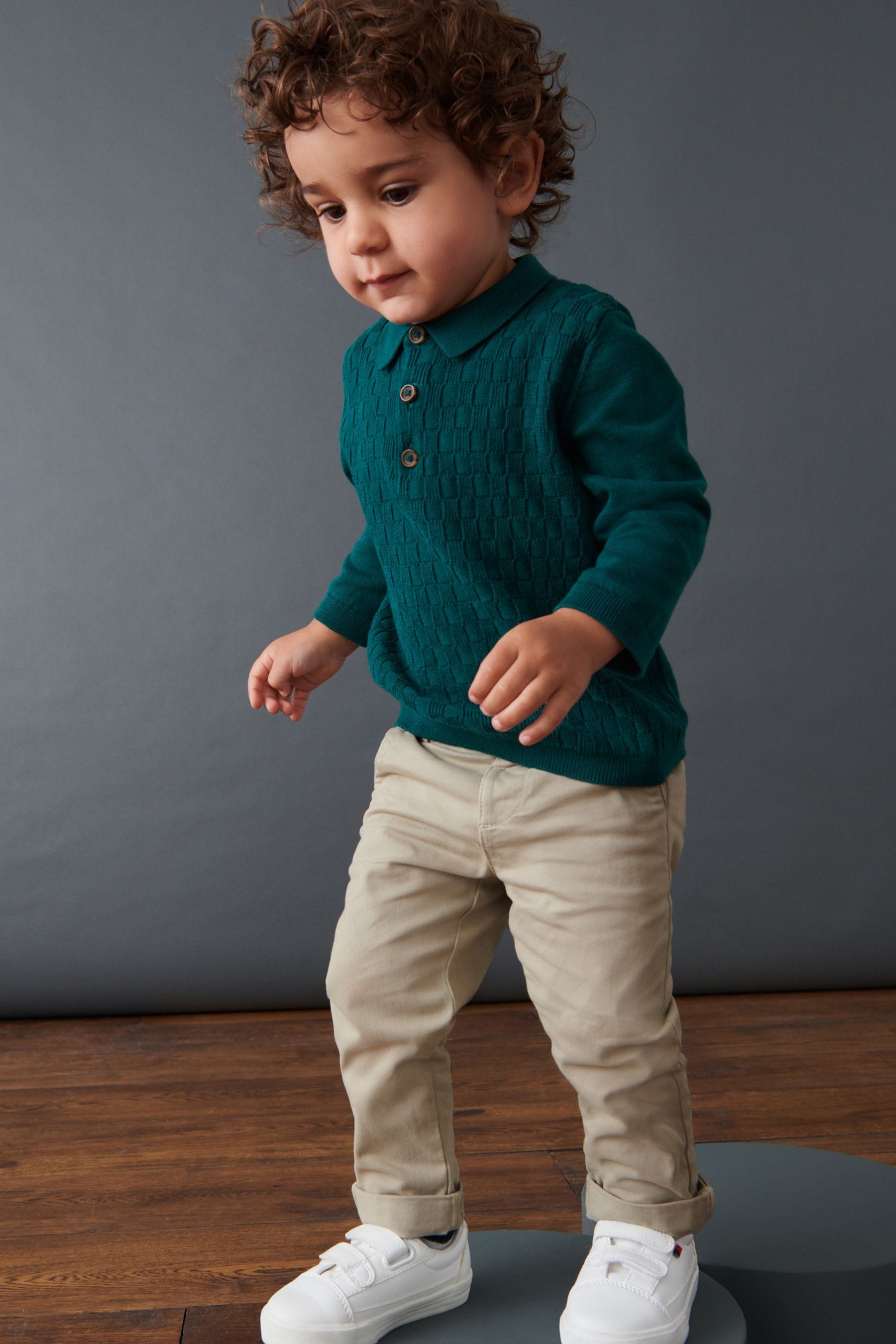 Green Textured Long Sleeve Knitted Polo Shirt (3mths-7yrs)