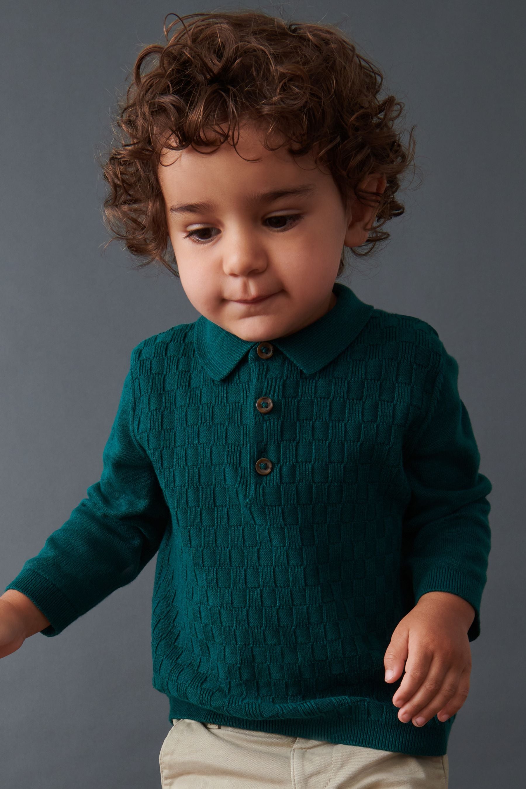 Green Textured Long Sleeve Knitted Polo Shirt (3mths-7yrs)