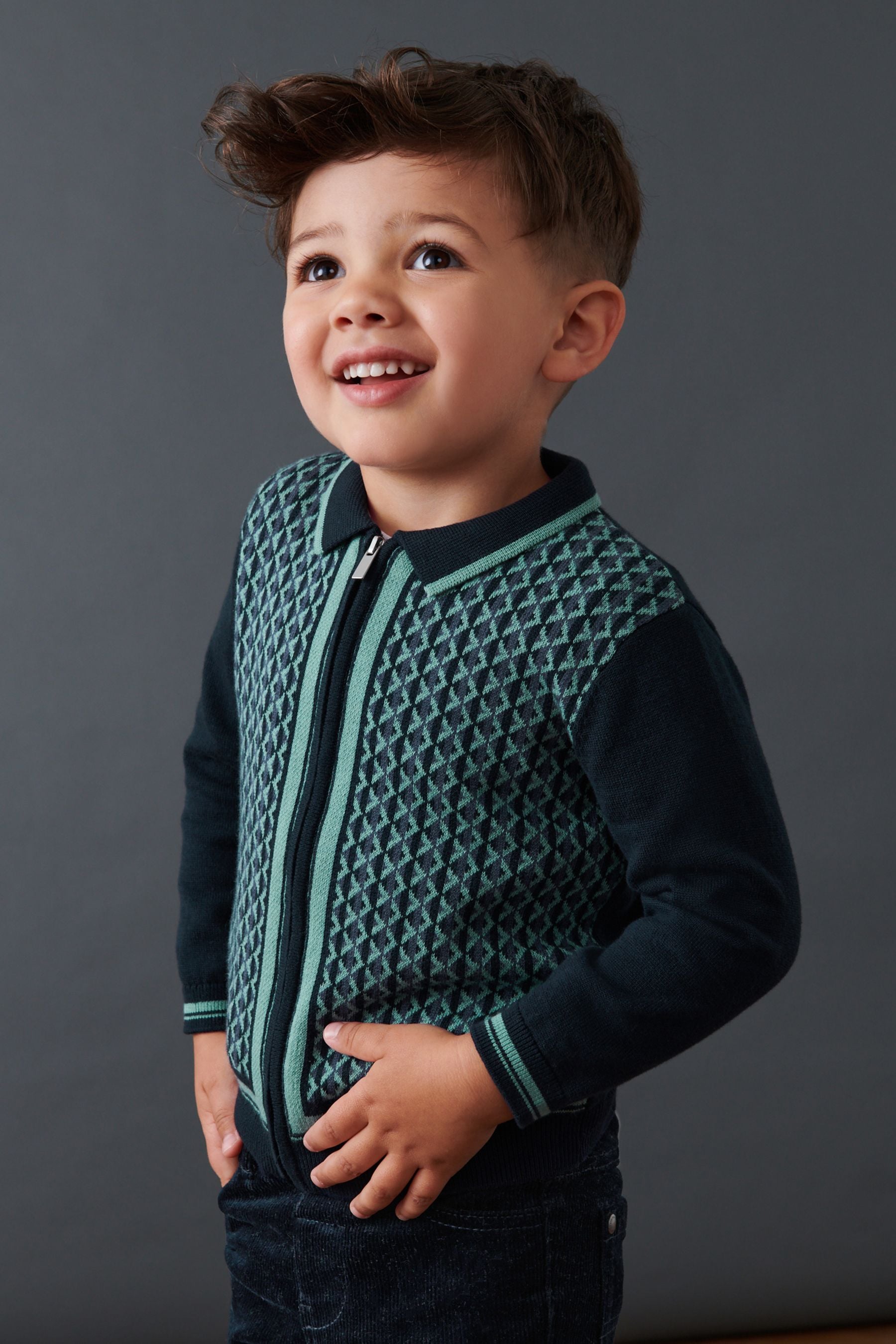 Navy Blue Long Sleeve Knitted Polo Shirt With Geometric Pattern (3mths-7yrs)