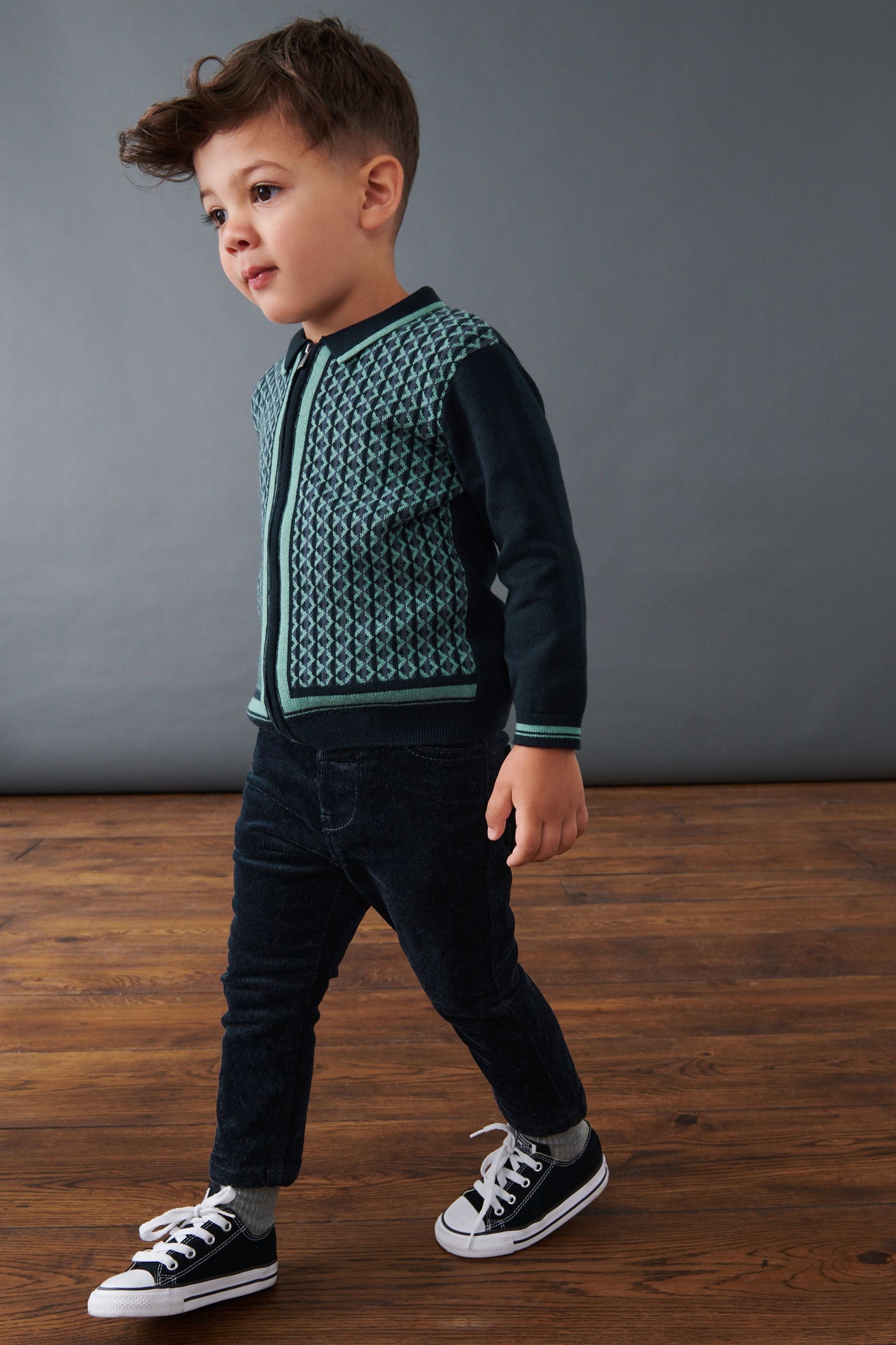 Navy Blue Long Sleeve Knitted Polo Shirt With Geometric Pattern (3mths-7yrs)