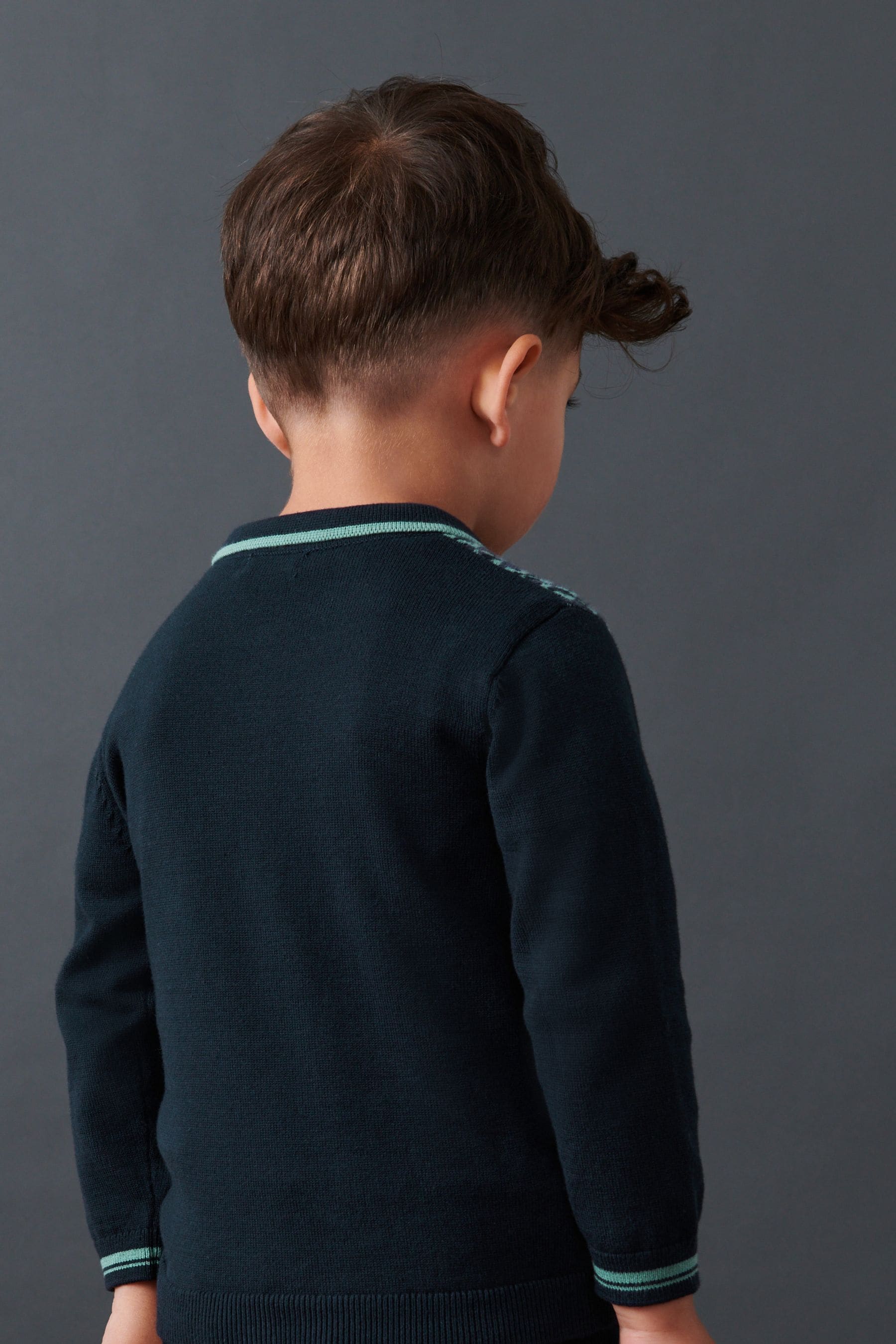 Navy Blue Long Sleeve Knitted Polo Shirt With Geometric Pattern (3mths-7yrs)