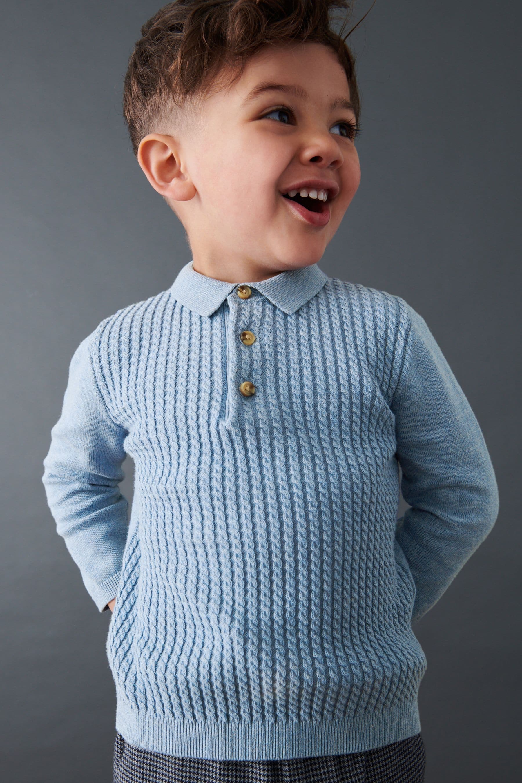 Blue Cable Knit Smart Long Sleeve Polo Shirt (3mths-7yrs)