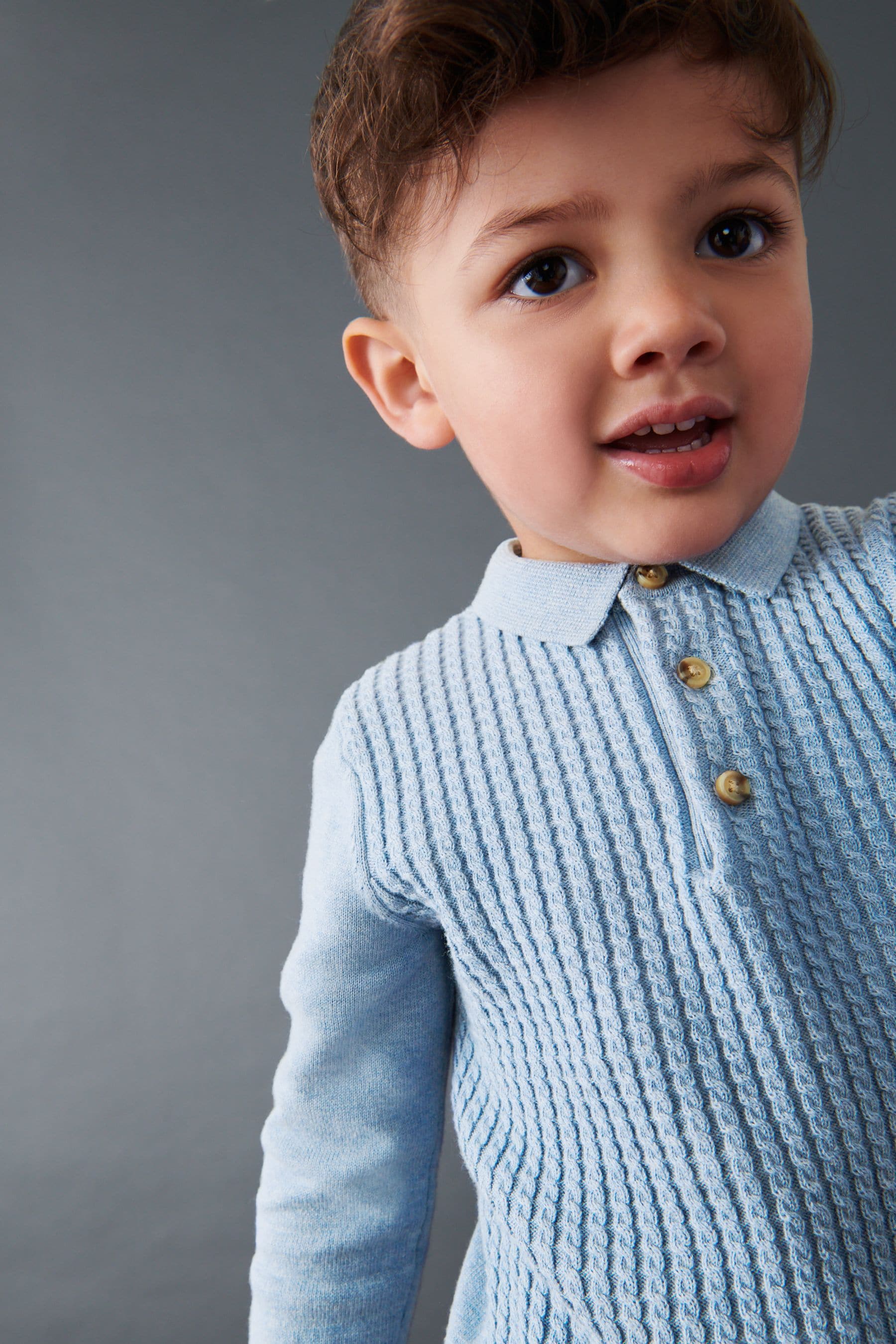 Blue Cable Knit Smart Long Sleeve Polo Shirt (3mths-7yrs)