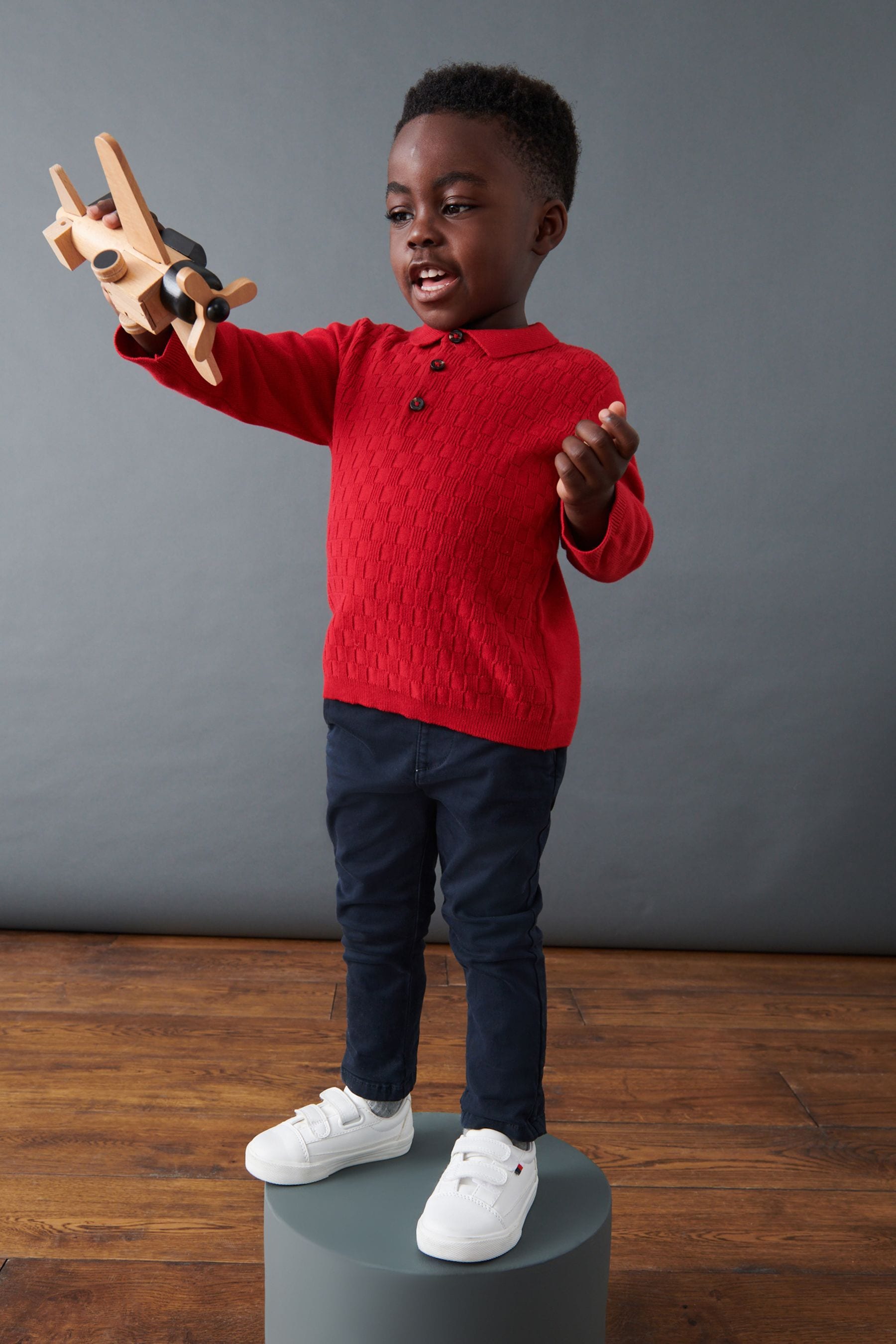 Red Textured Long Sleeve Knitted Polo Shirt (3mths-7yrs)