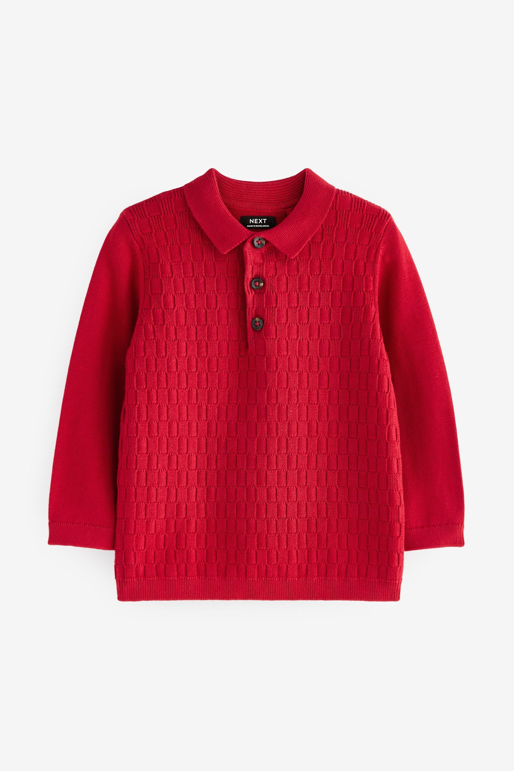 Red Textured Long Sleeve Knitted Polo Shirt (3mths-7yrs)