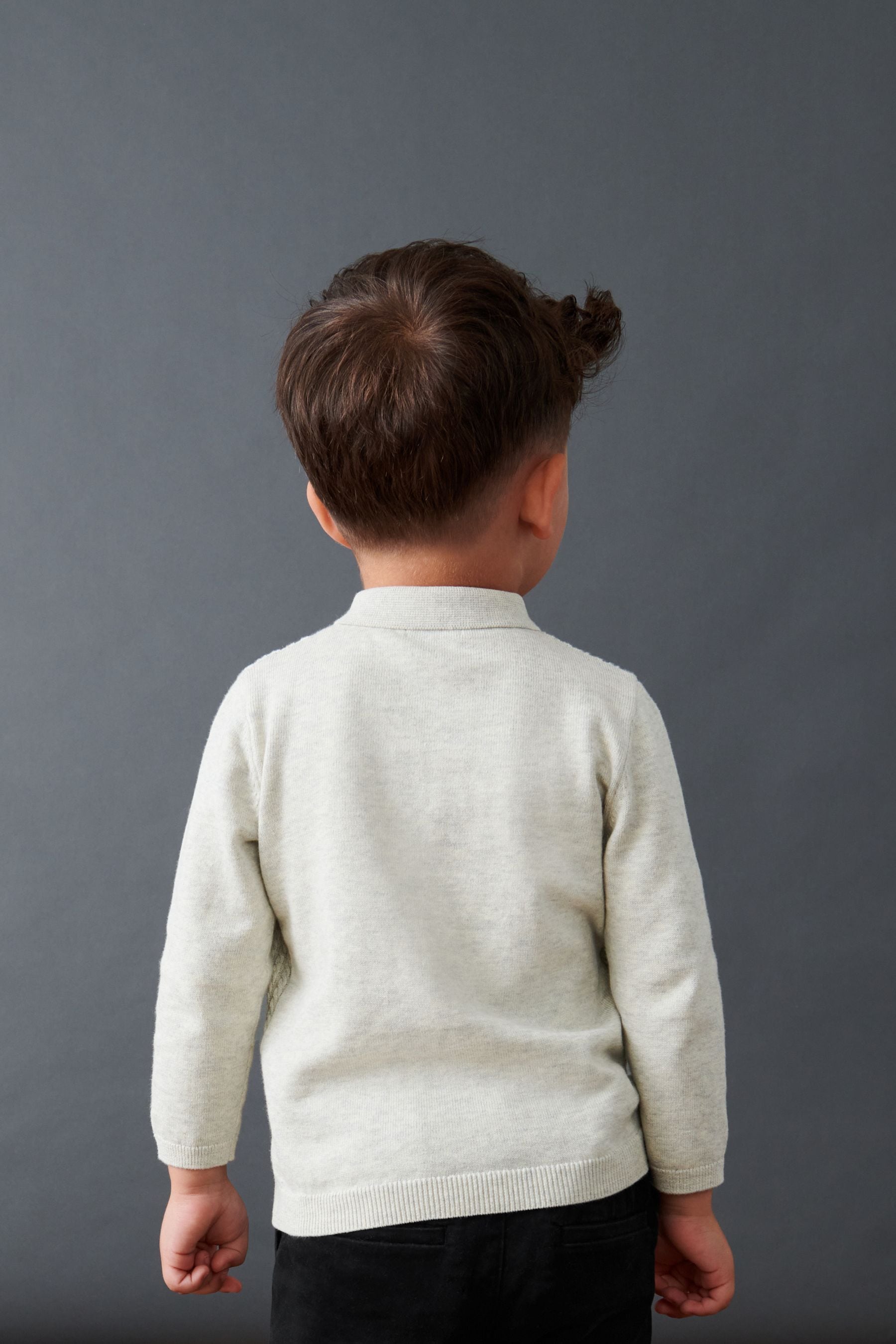 Grey Cable Knit Smart Long Sleeve Polo Shirt (3mths-7yrs)