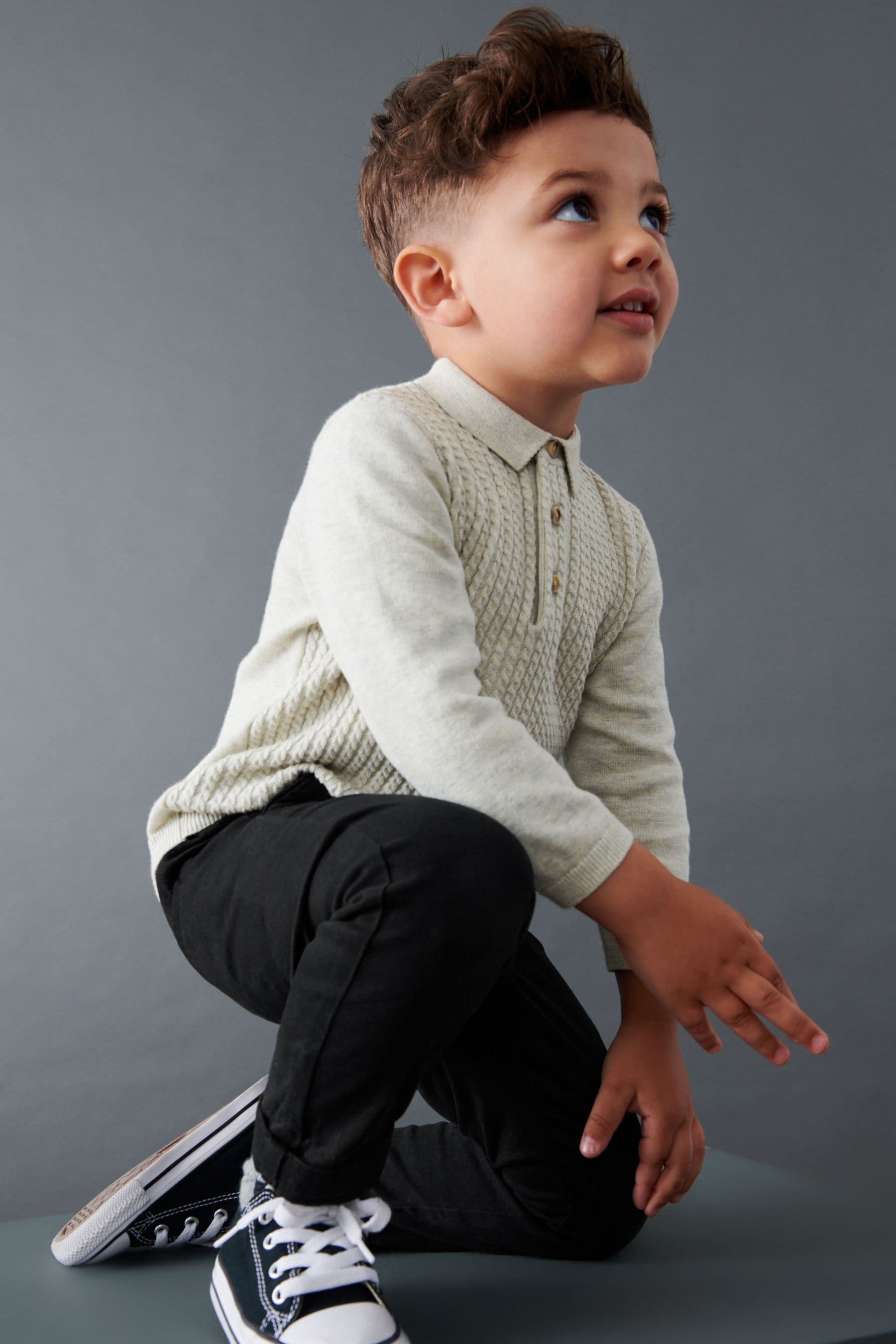 Grey Cable Knit Smart Long Sleeve Polo Shirt (3mths-7yrs)