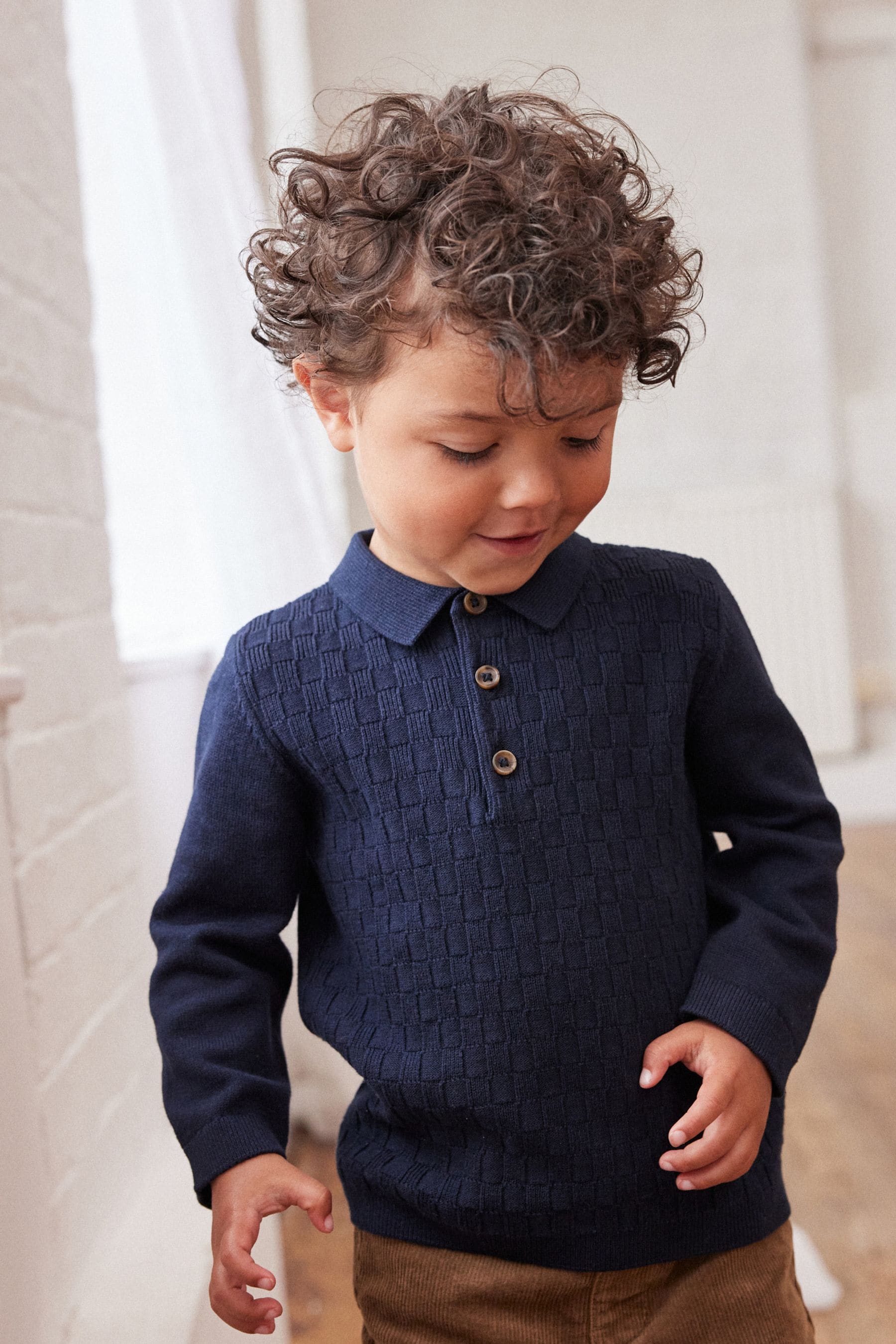 Navy Blue Textured Long Sleeve Knitted Polo Shirt (3mths-7yrs)