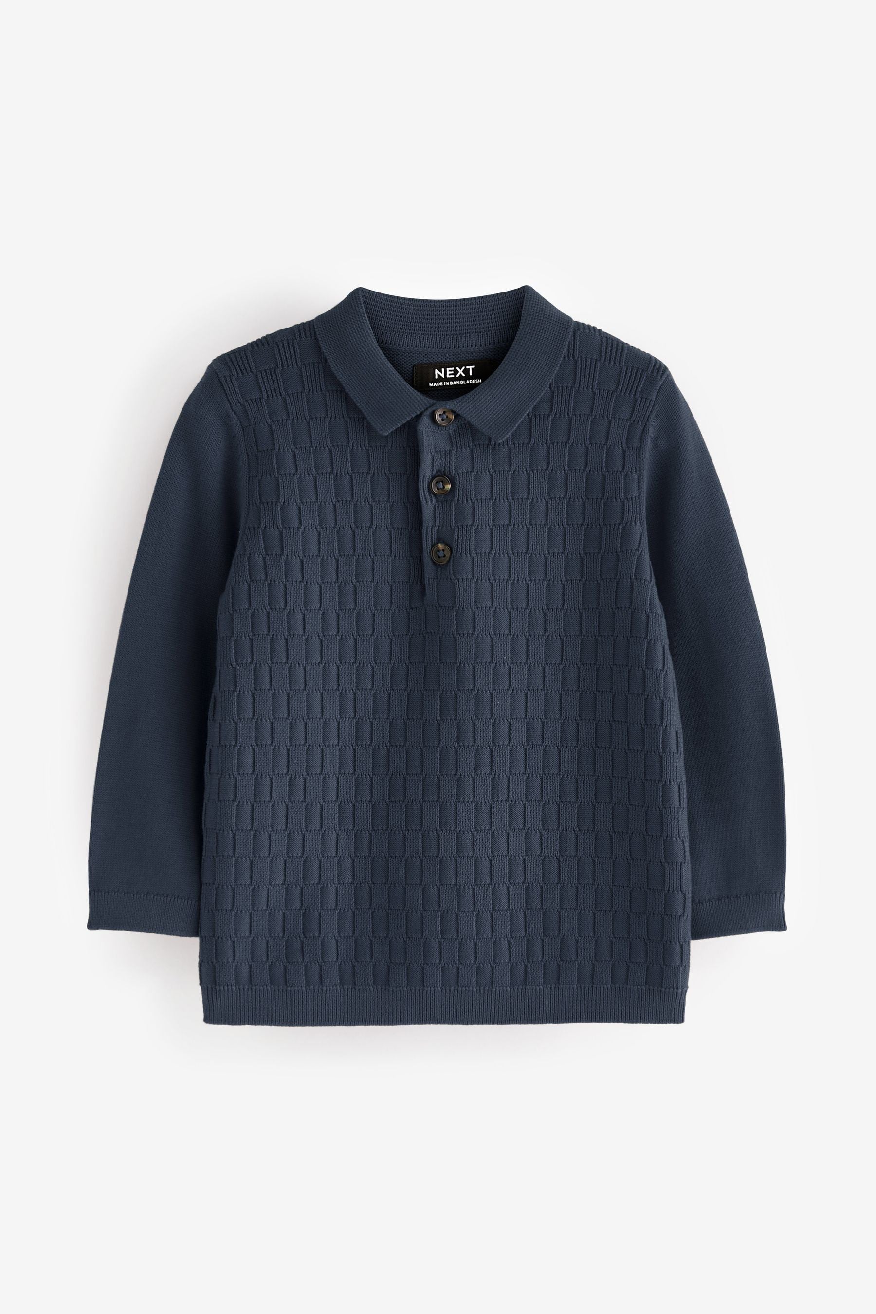 Navy Blue Textured Long Sleeve Knitted Polo Shirt (3mths-7yrs)