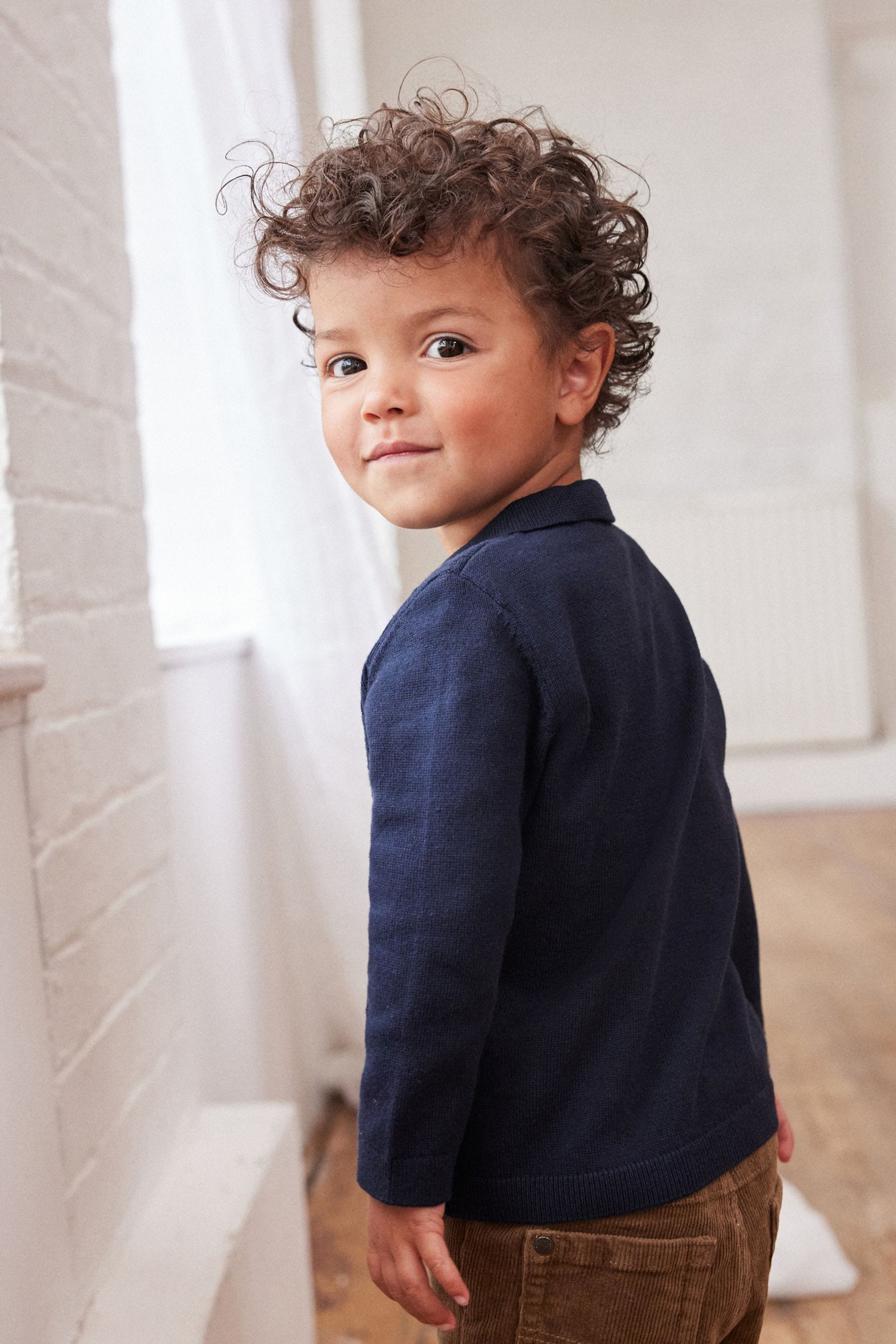 Navy Blue Textured Long Sleeve Knitted Polo Shirt (3mths-7yrs)