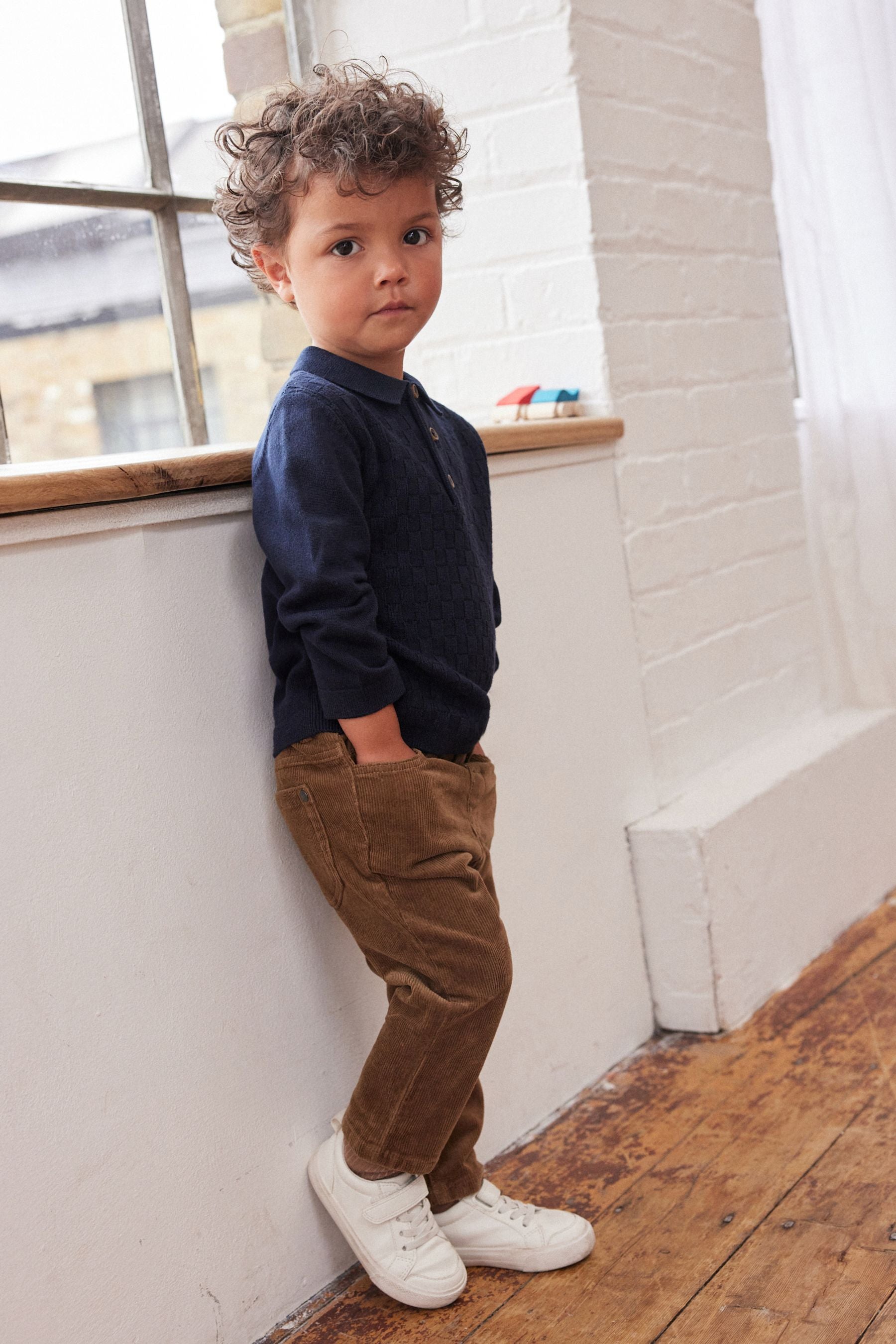 Navy Blue Textured Long Sleeve Knitted Polo Shirt (3mths-7yrs)