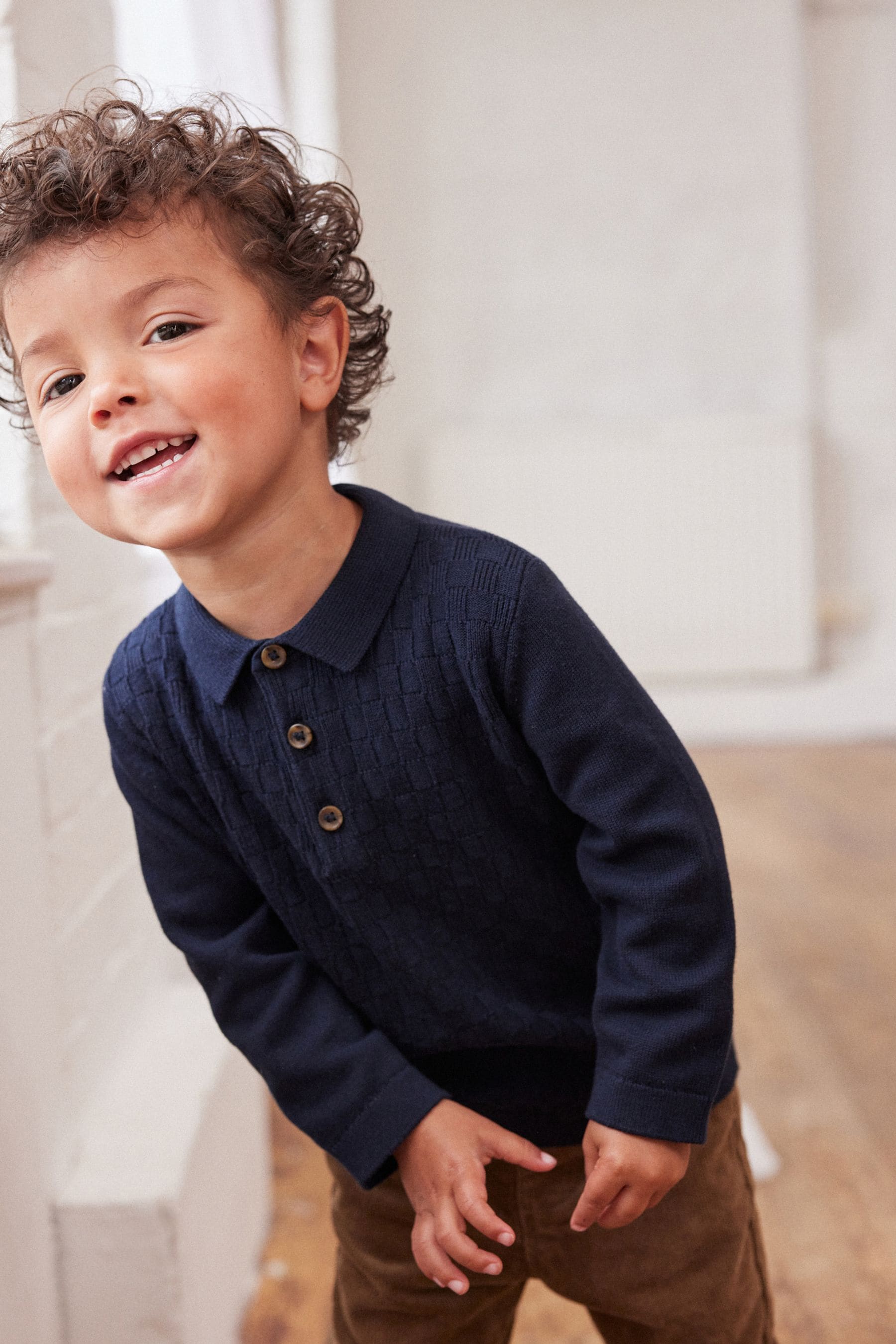 Navy Blue Textured Long Sleeve Knitted Polo Shirt (3mths-7yrs)