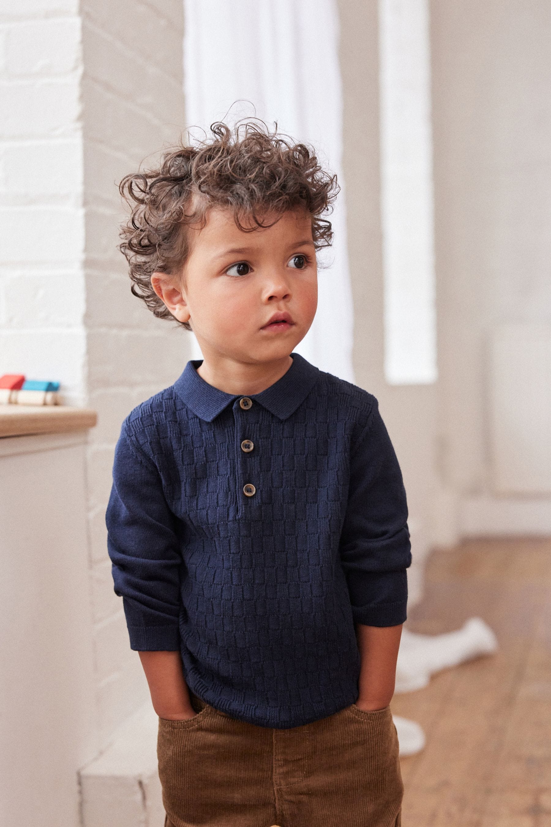 Navy Blue Textured Long Sleeve Knitted Polo Shirt (3mths-7yrs)