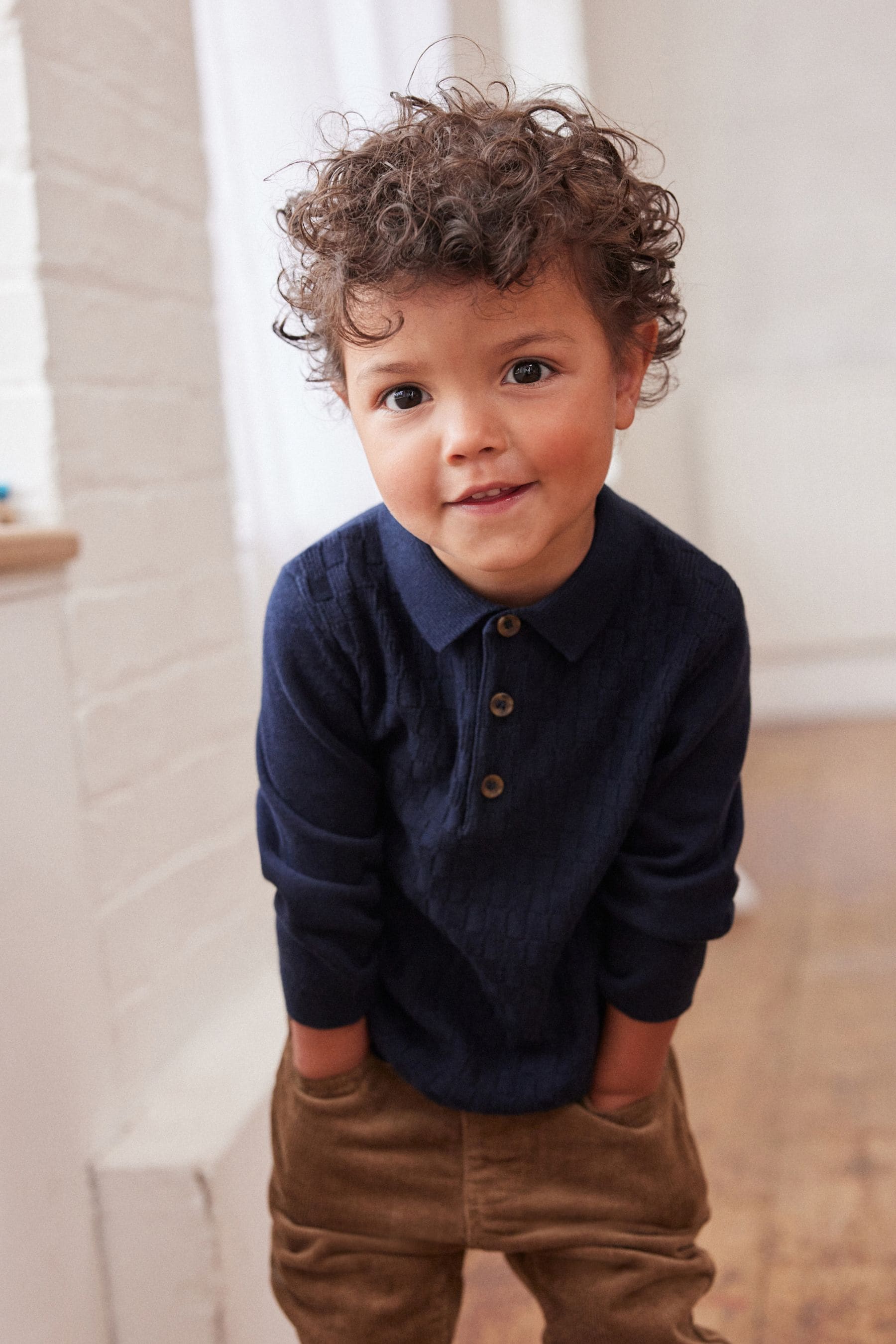 Navy Blue Textured Long Sleeve Knitted Polo Shirt (3mths-7yrs)