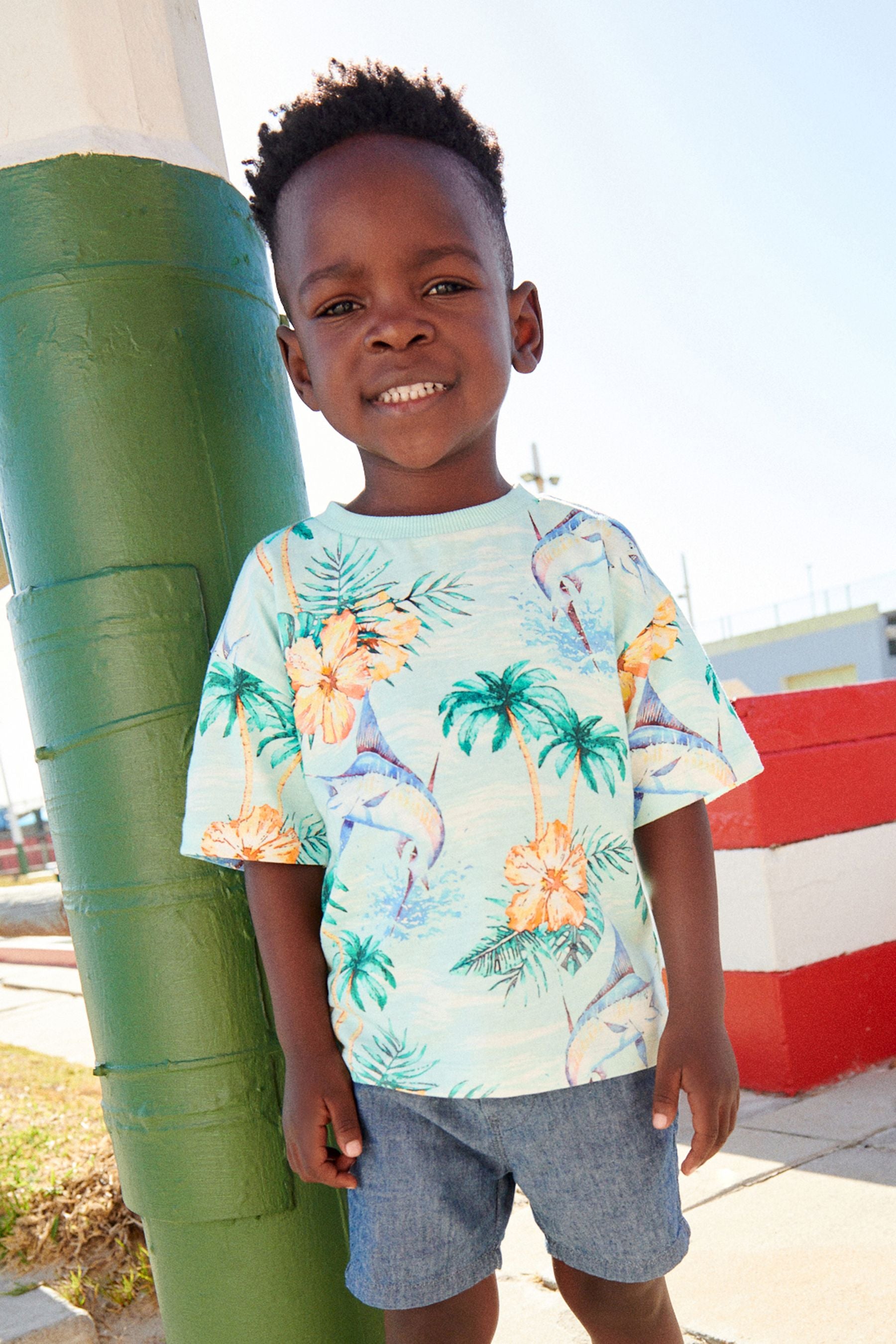 Blue Floral Hibiscus Short Sleeve All Over Print T-Shirt (3mths-7yrs)