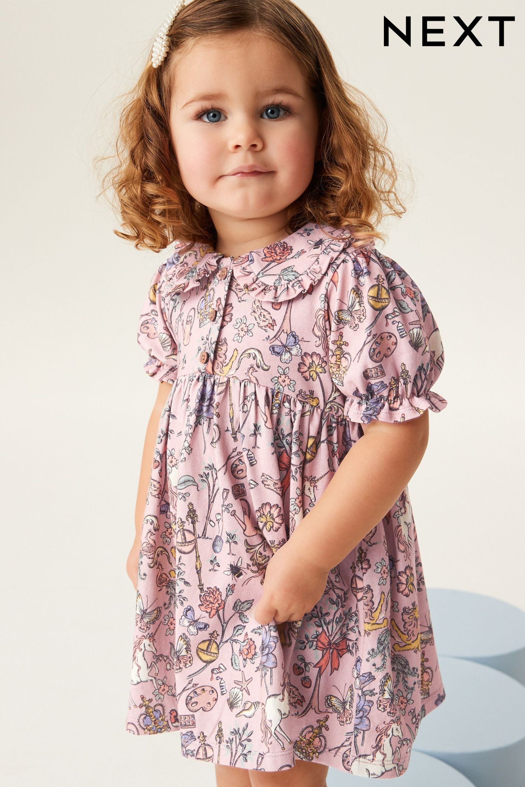 Pink Printed Peter Pan Collar Puff Sleeve Cotton Jersey Dress (3mths-7yrs)