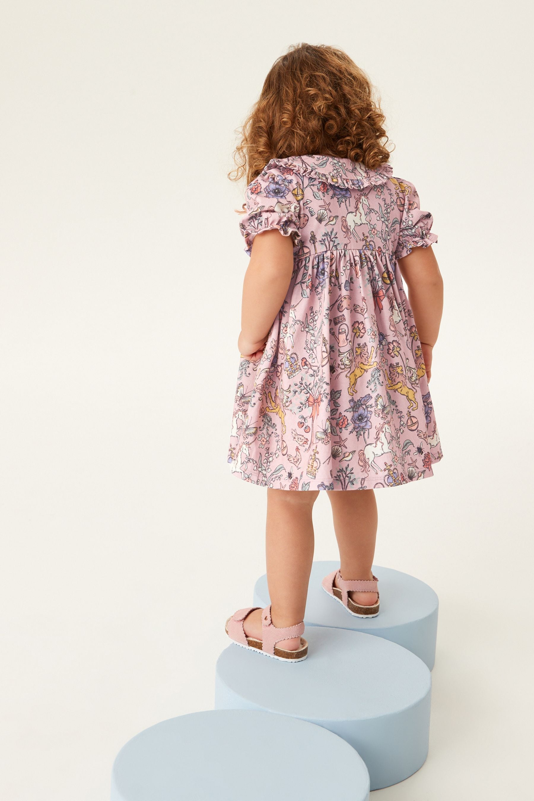 Pink Printed Peter Pan Collar Puff Sleeve Cotton Jersey Dress (3mths-7yrs)