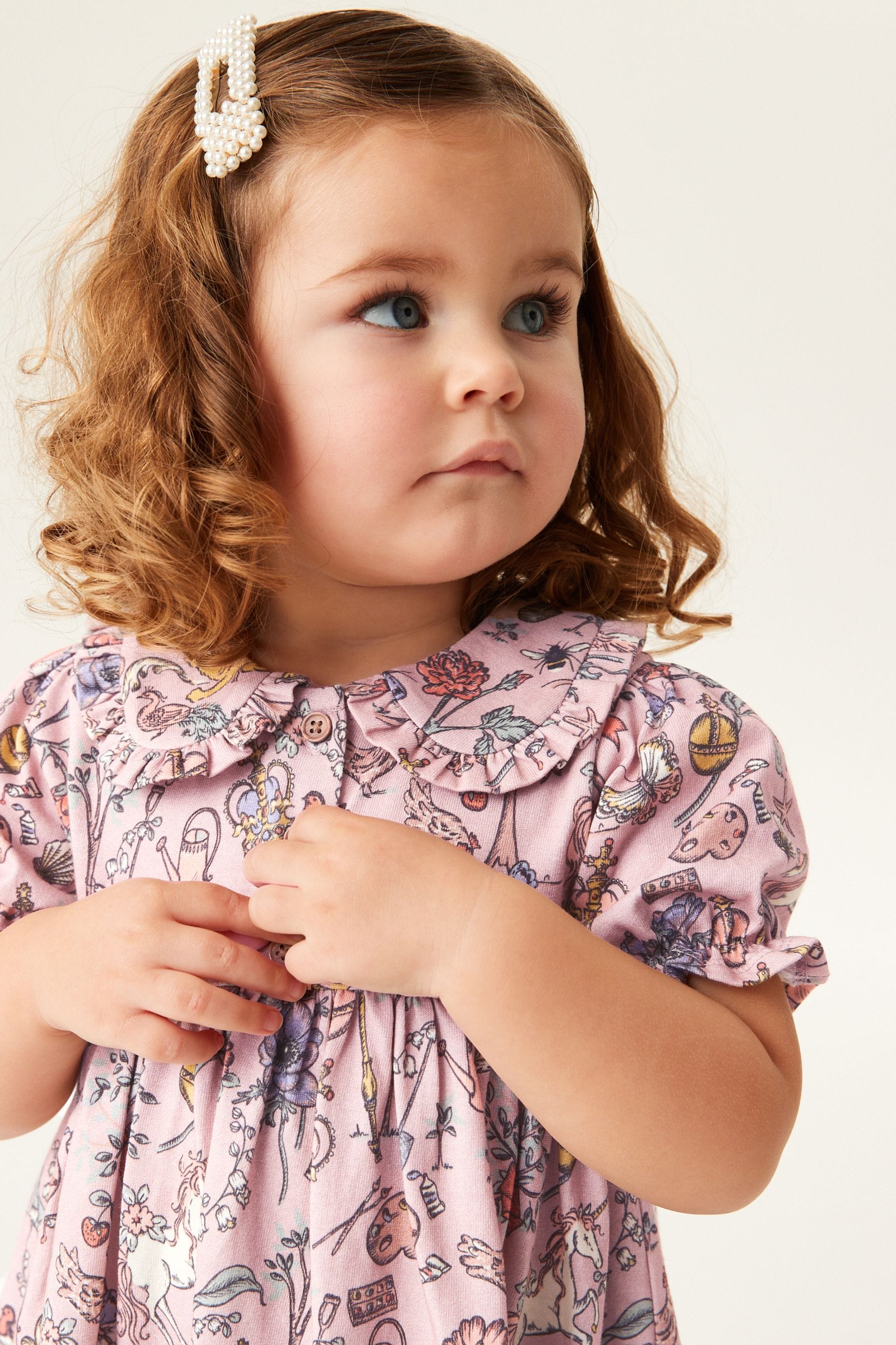 Pink Printed Peter Pan Collar Puff Sleeve Cotton Jersey Dress (3mths-7yrs)