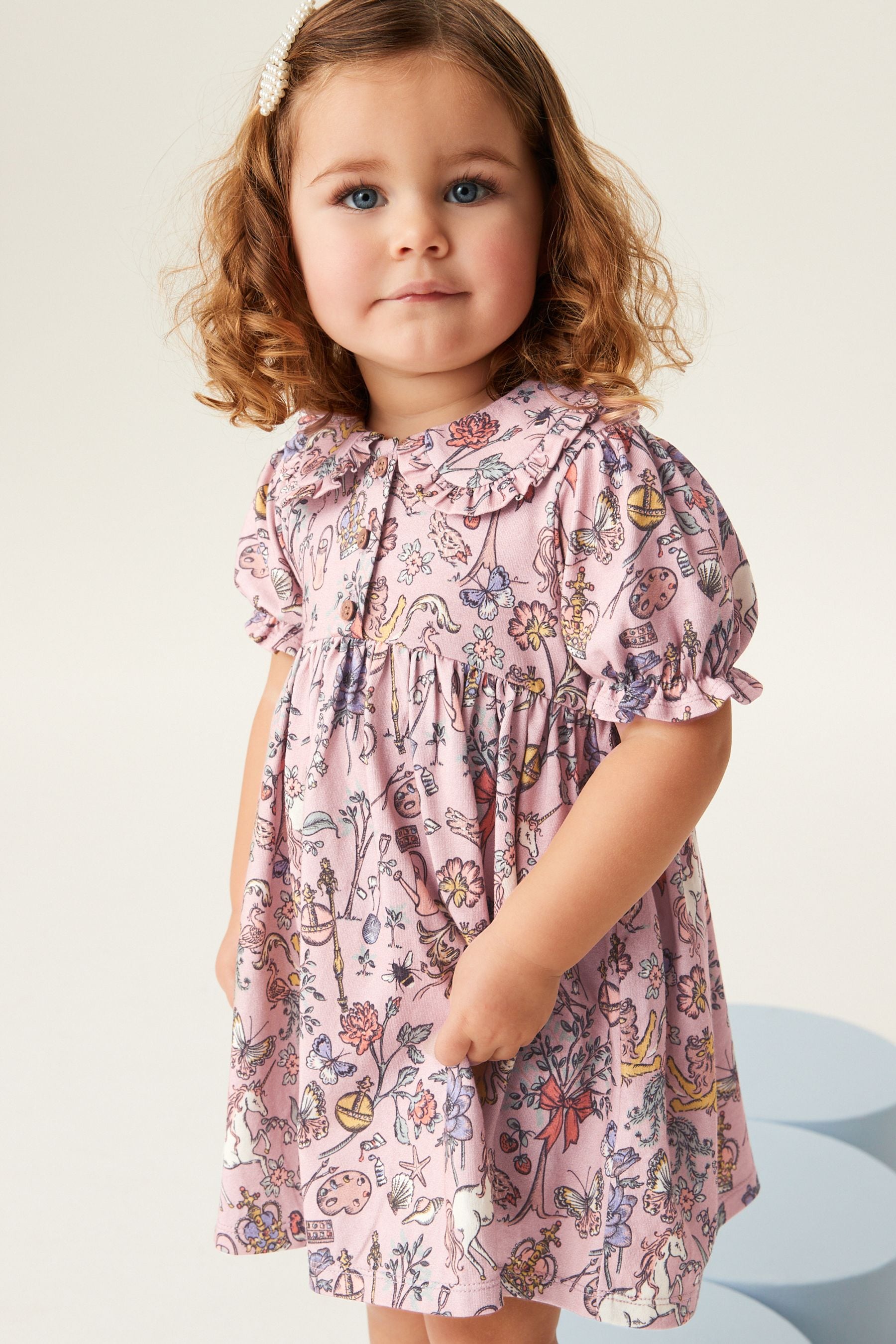 Pink Printed Peter Pan Collar Puff Sleeve Cotton Jersey Dress (3mths-7yrs)