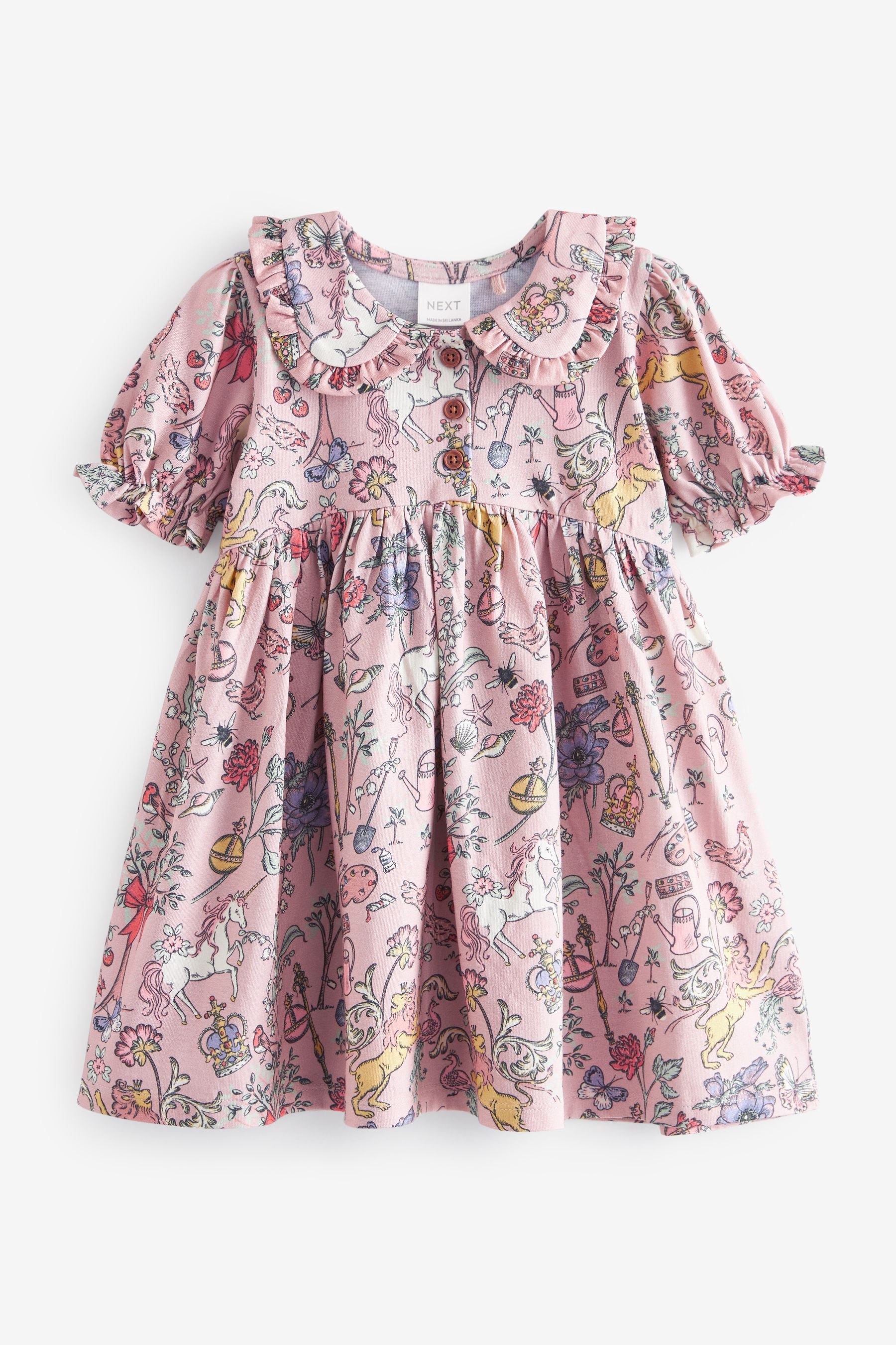 Pink Printed Peter Pan Collar Puff Sleeve Cotton Jersey Dress (3mths-7yrs)