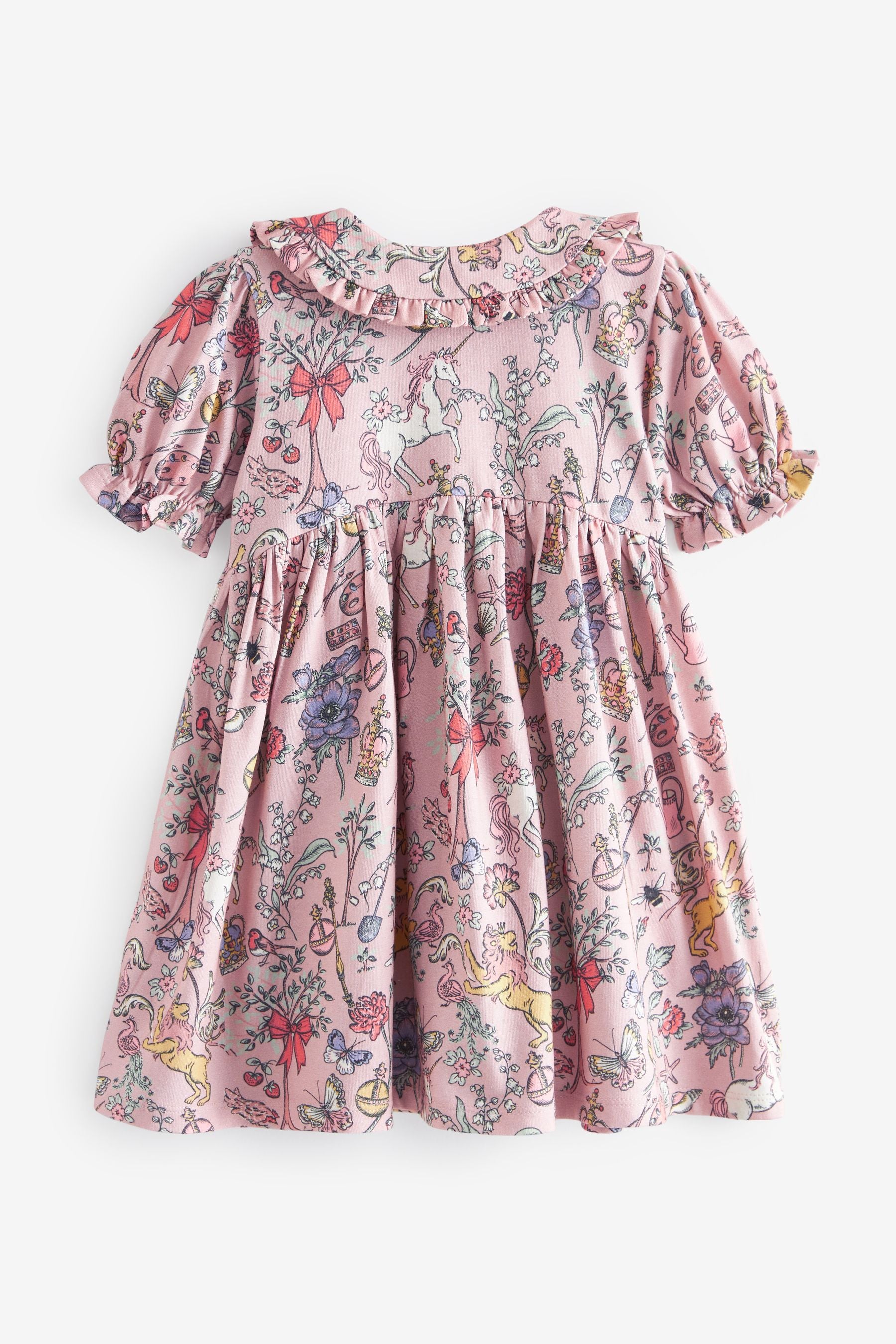 Pink Printed Peter Pan Collar Puff Sleeve Cotton Jersey Dress (3mths-7yrs)