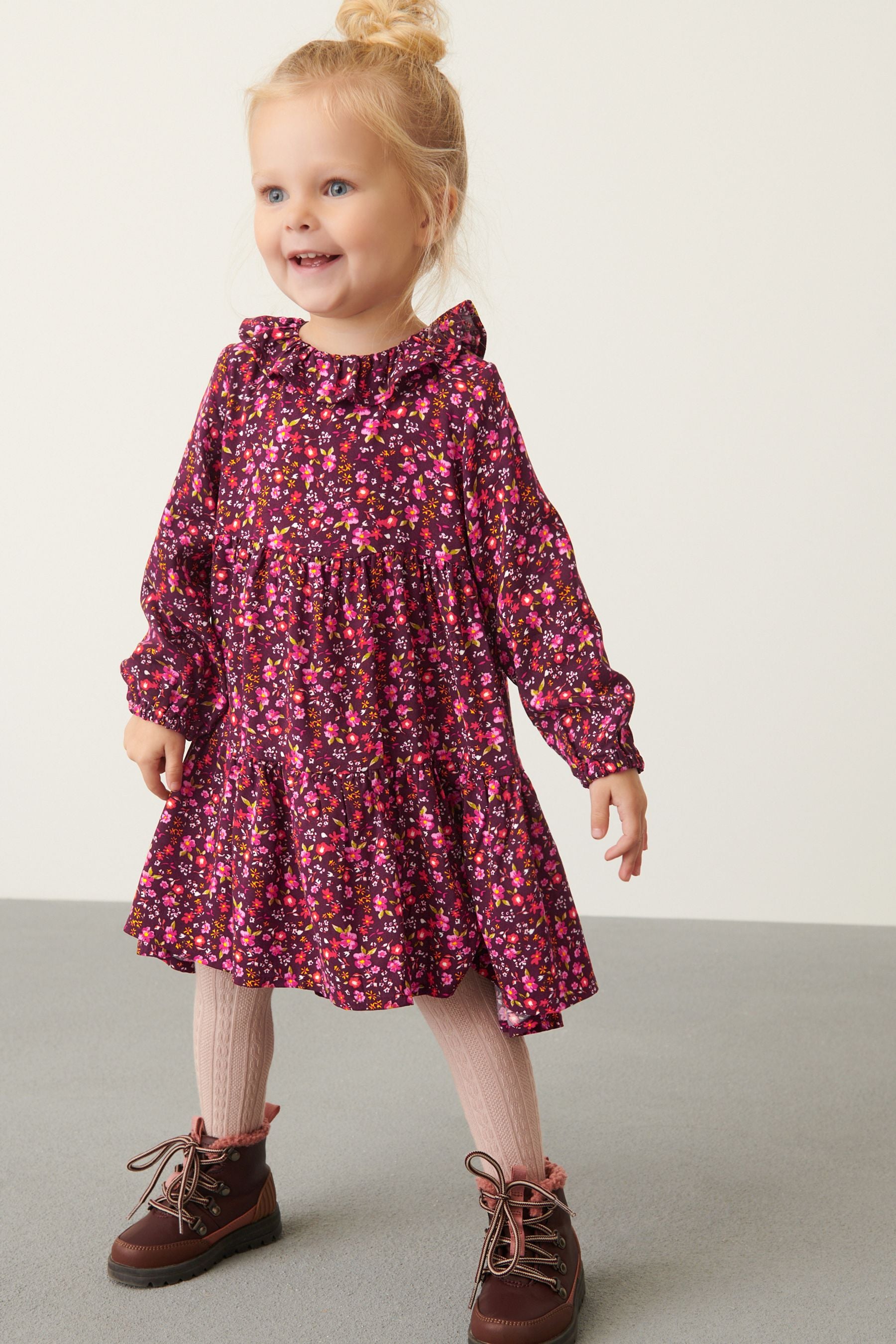 Dark Pink Ditsy Printed Tiered Dress (3mths-7yrs)