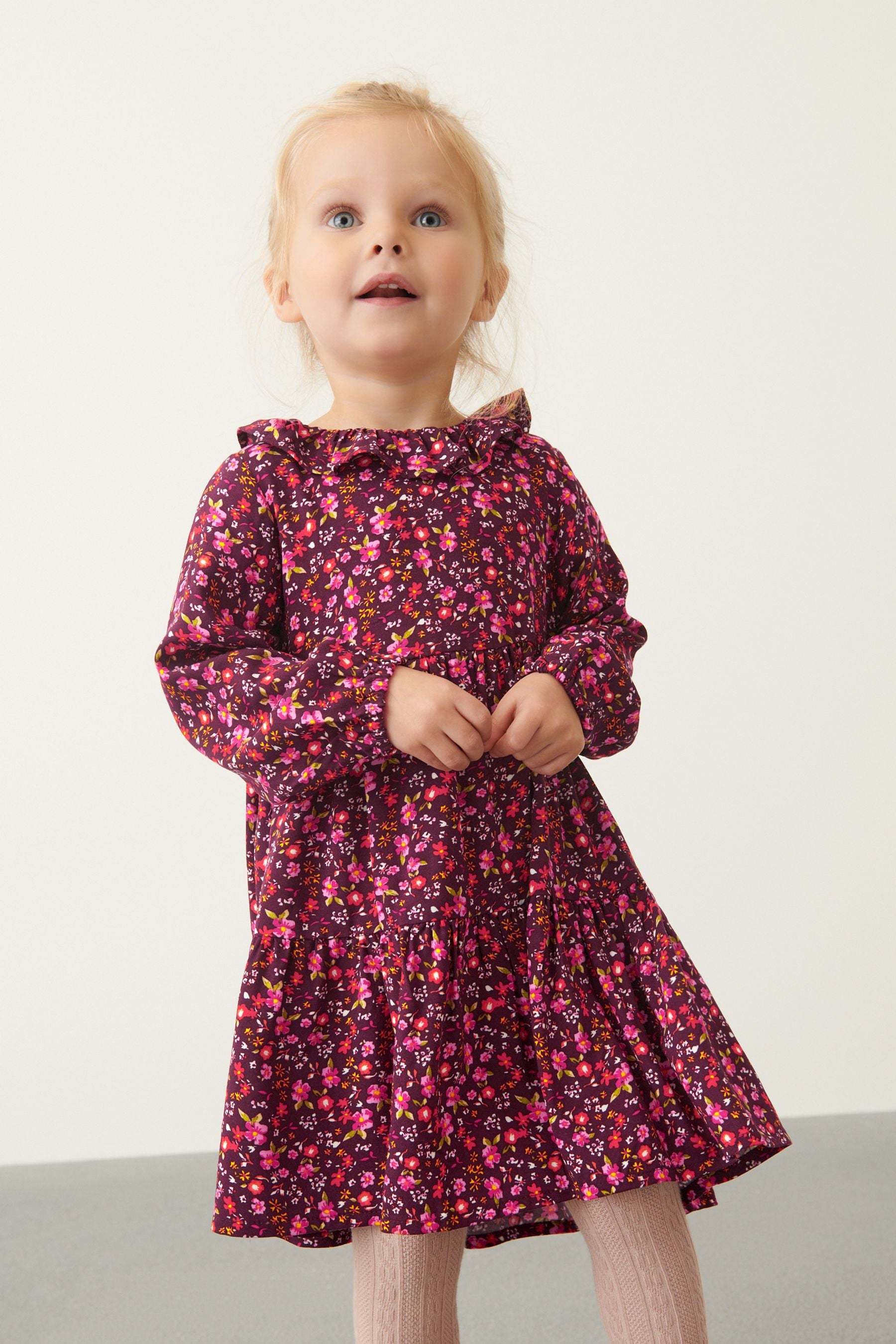 Dark Pink Ditsy Printed Tiered Dress (3mths-7yrs)