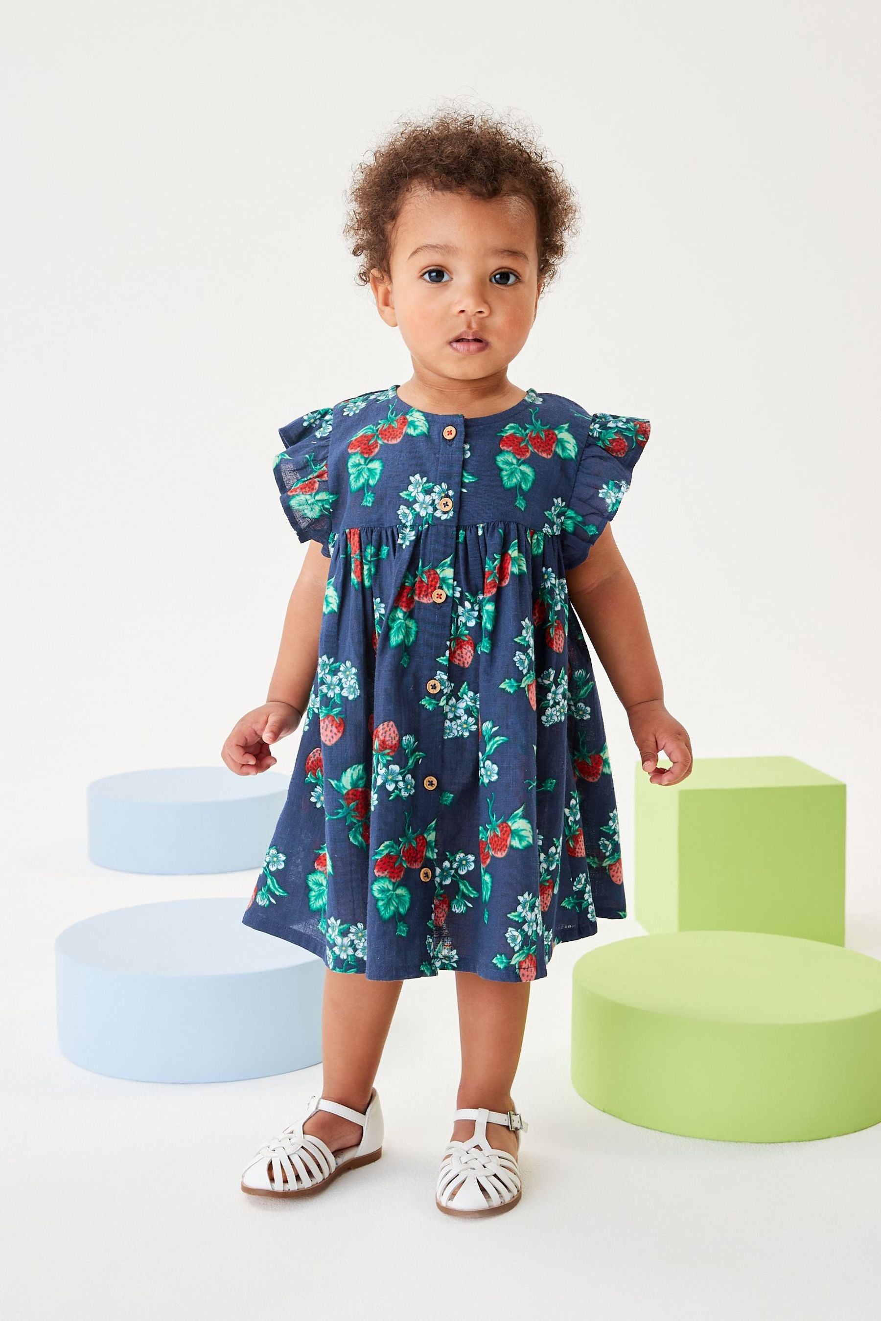 Navy Blue Strawberry Print Frill Sleeve Cotton Dress (3mths-8yrs)