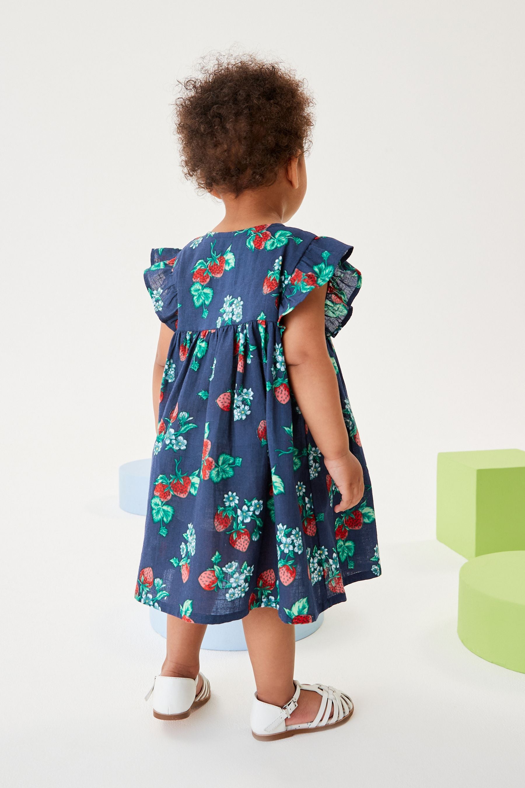 Navy Blue Strawberry Print Frill Sleeve Cotton Dress (3mths-8yrs)