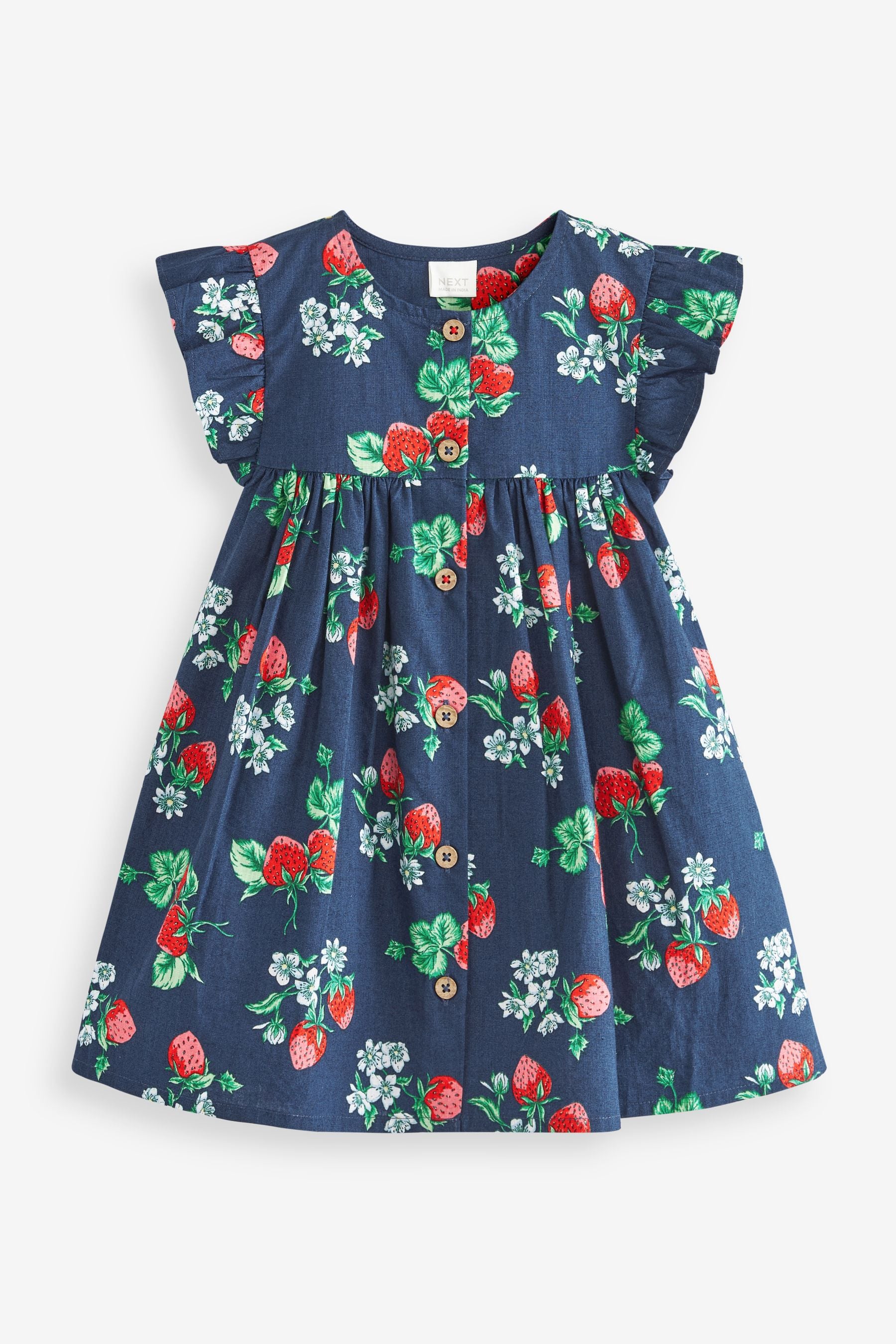 Navy Blue Strawberry Print Frill Sleeve Cotton Dress (3mths-8yrs)