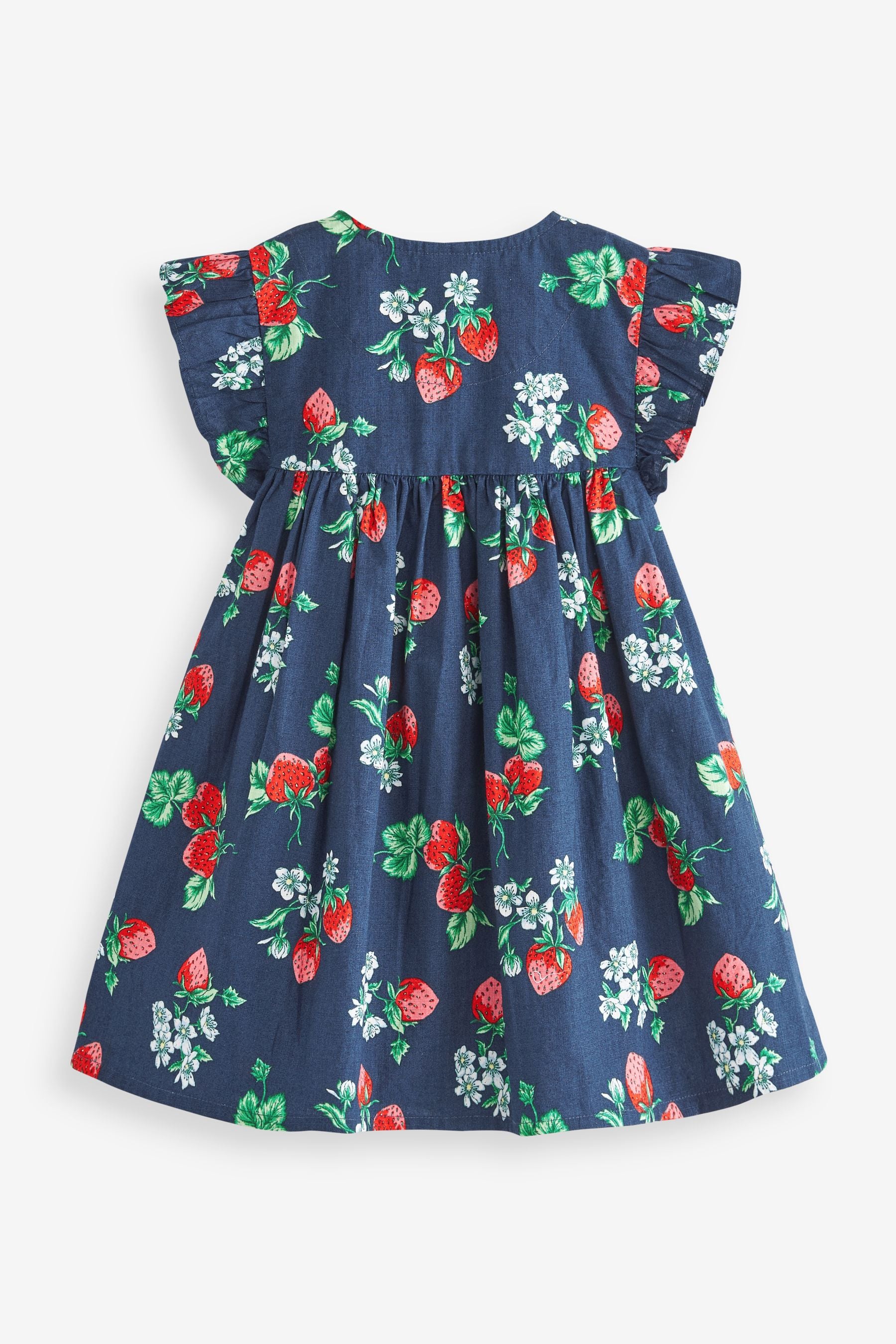 Navy Blue Strawberry Print Frill Sleeve Cotton Dress (3mths-8yrs)