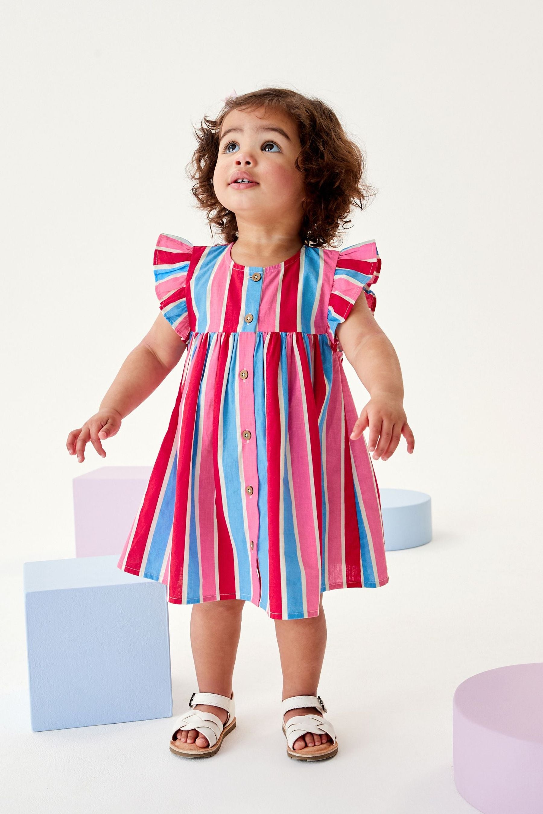 Red/Blue/Pink Stripe Frill Sleeve Cotton Dress (3mths-8yrs)