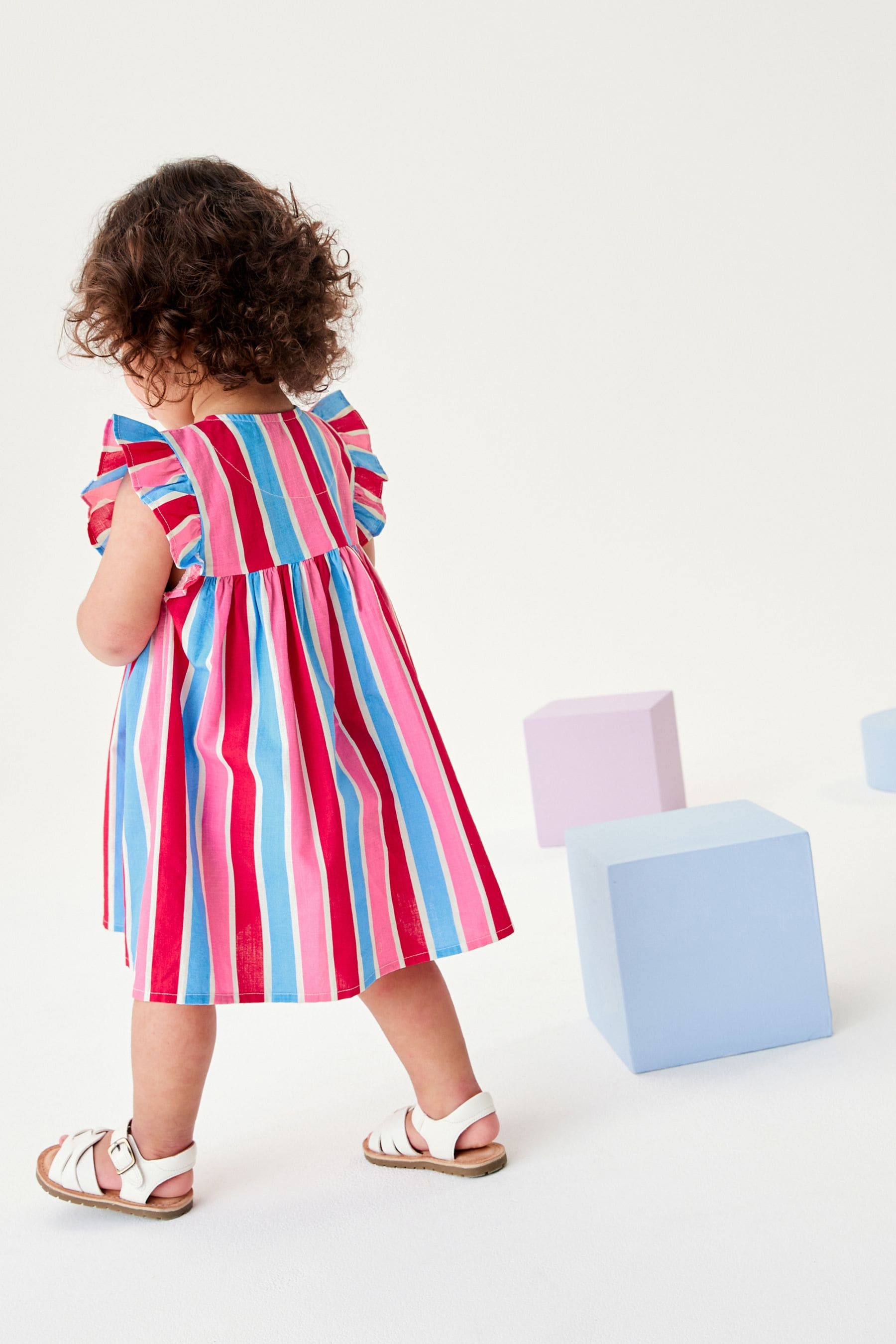 Red/Blue/Pink Stripe Frill Sleeve Cotton Dress (3mths-8yrs)