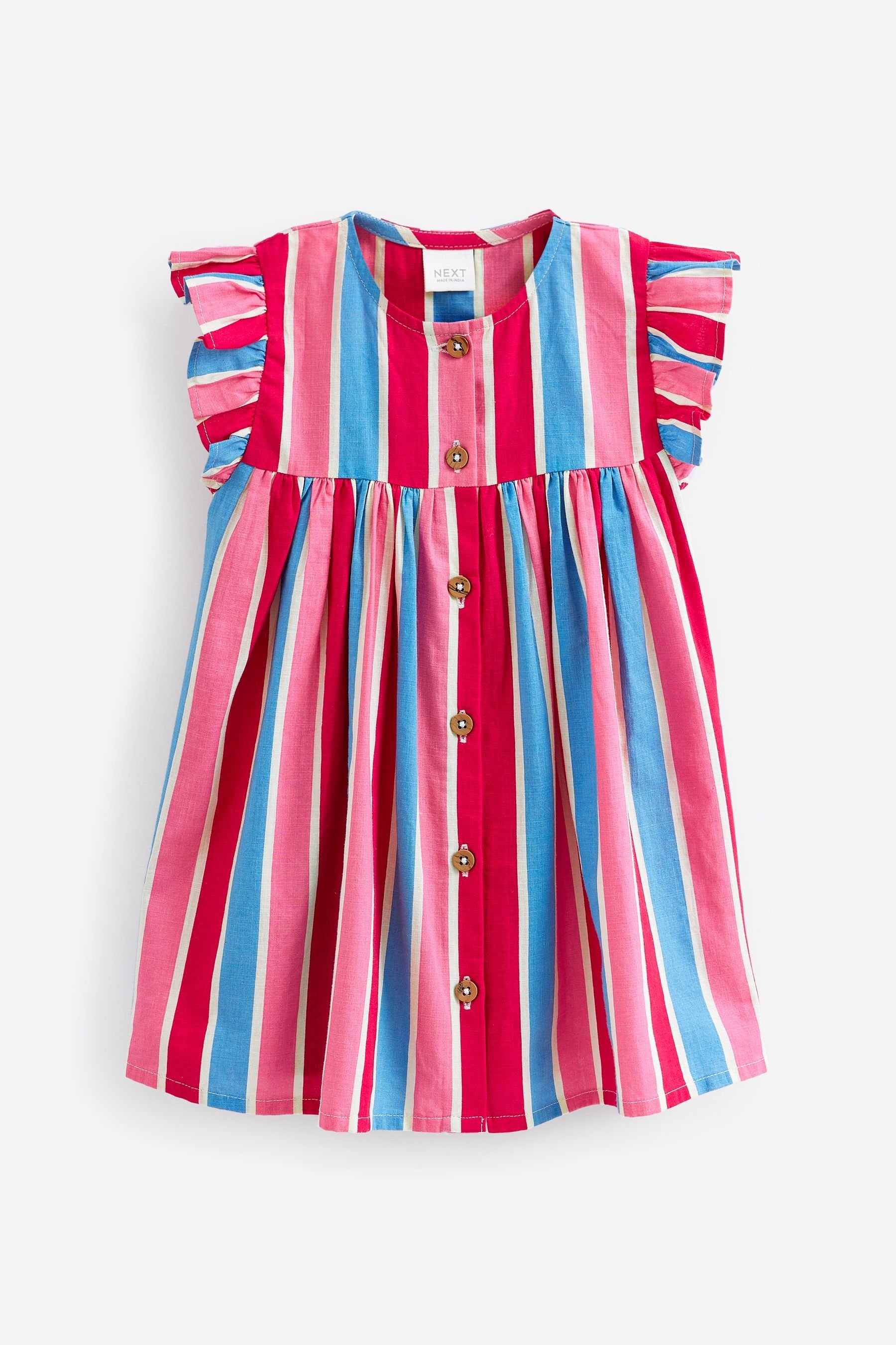 Red/Blue/Pink Stripe Frill Sleeve Cotton Dress (3mths-8yrs)