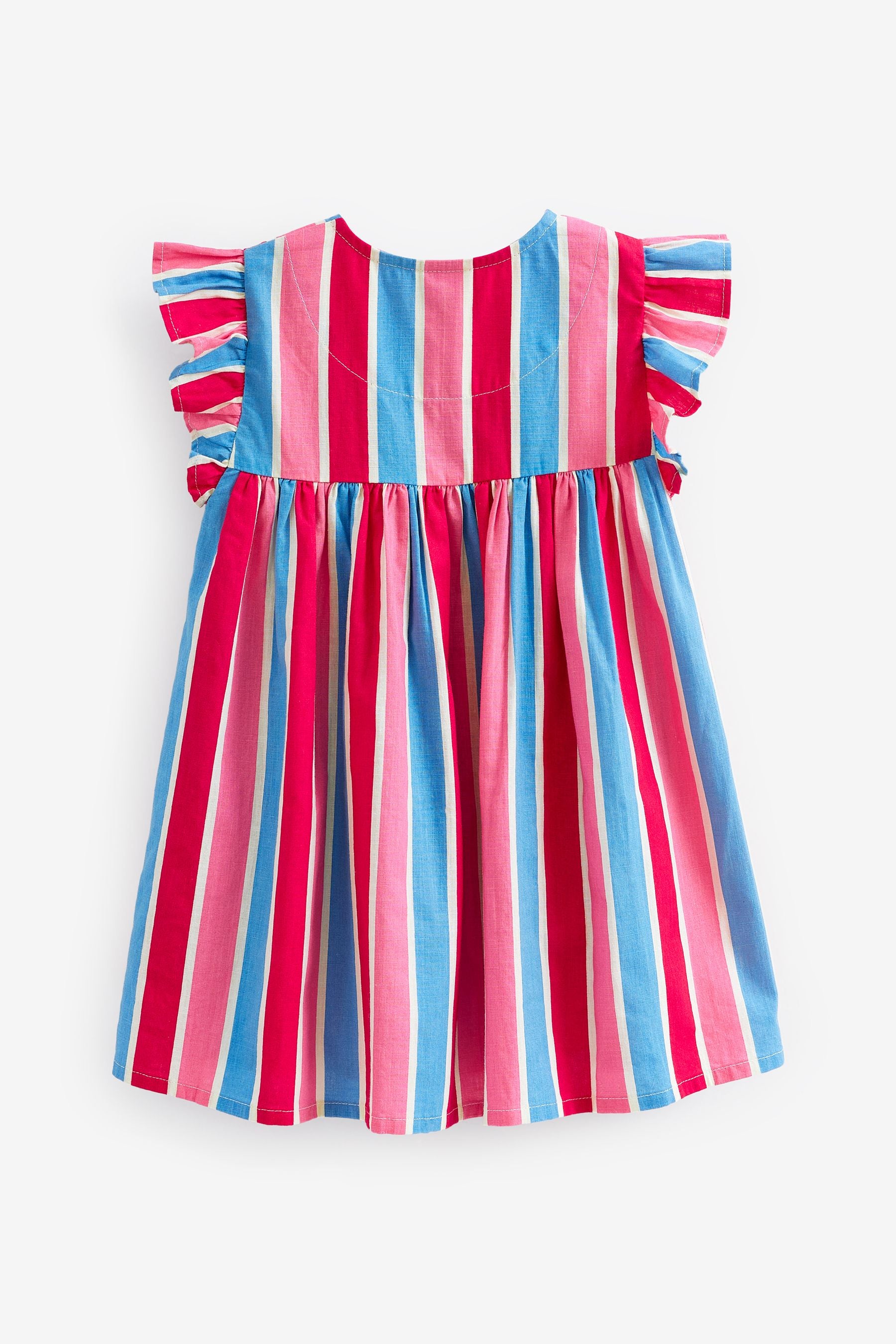 Red/Blue/Pink Stripe Frill Sleeve Cotton Dress (3mths-8yrs)