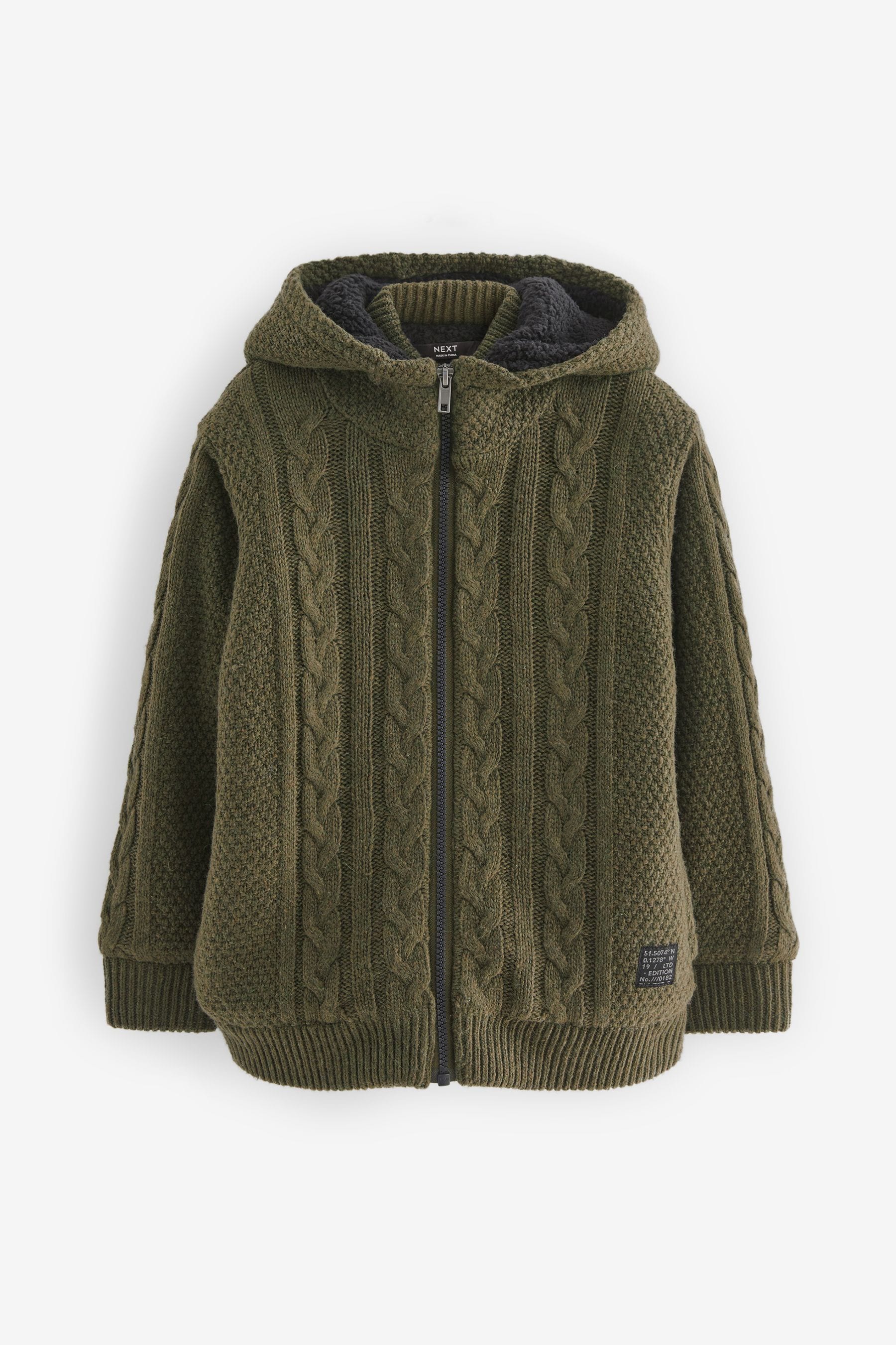 Khaki Green Heavy Cable Zip Through Hoodie (3-16yrs)