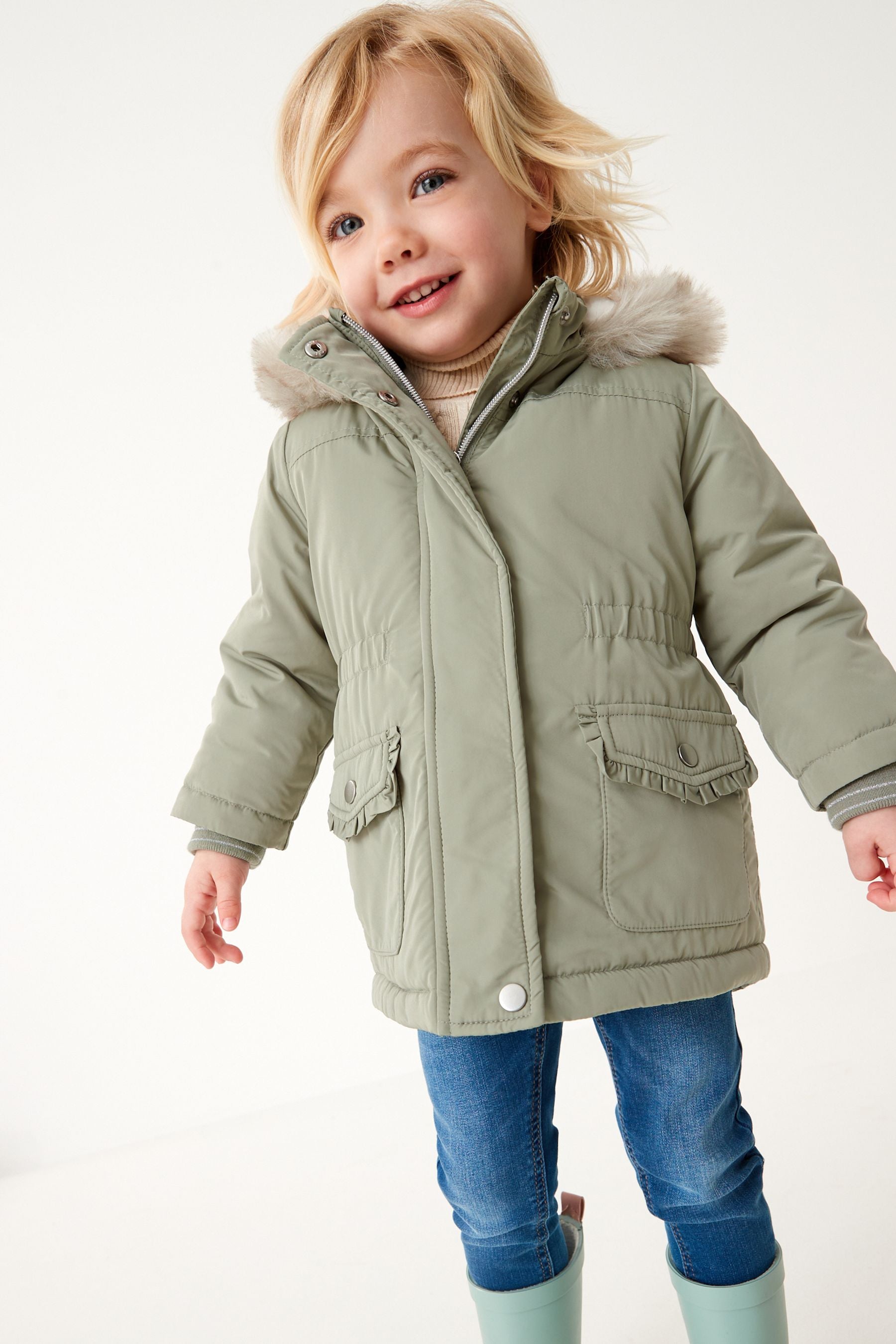 Sage Green Shower Resistant Faux Fur Trim Parka (3mths-7yrs)