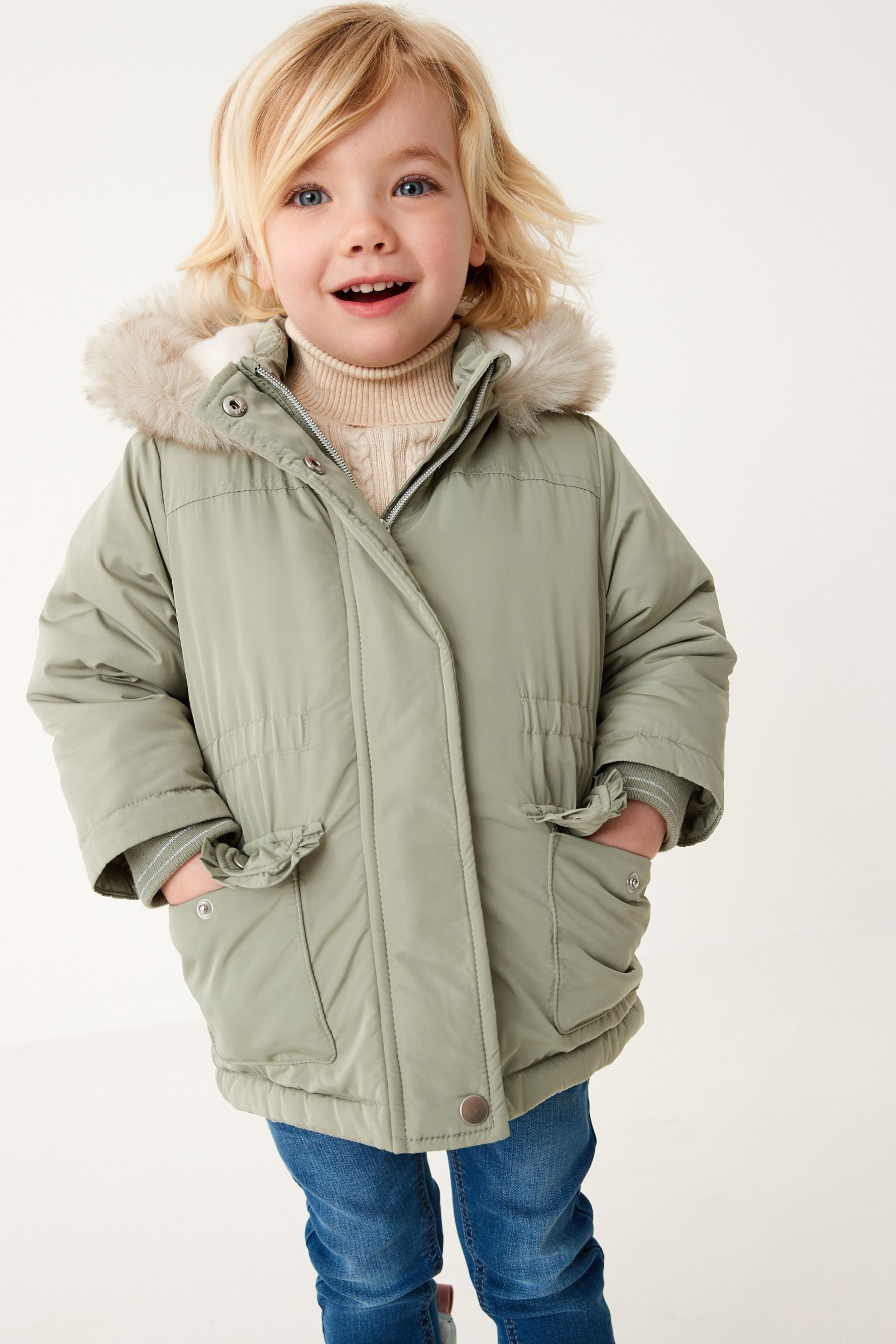 Sage Green Shower Resistant Faux Fur Trim Parka (3mths-7yrs)