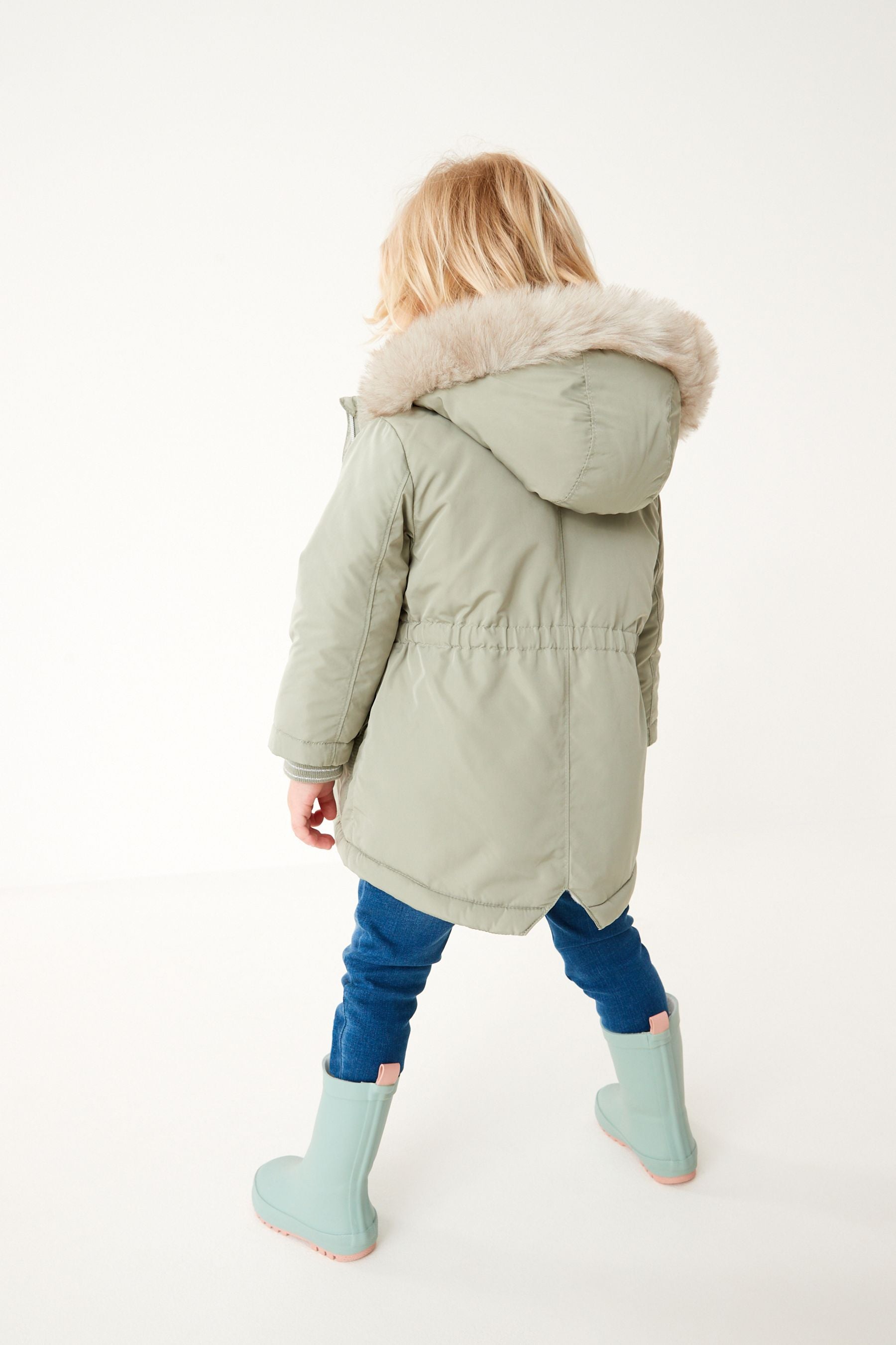 Sage Green Shower Resistant Faux Fur Trim Parka (3mths-7yrs)