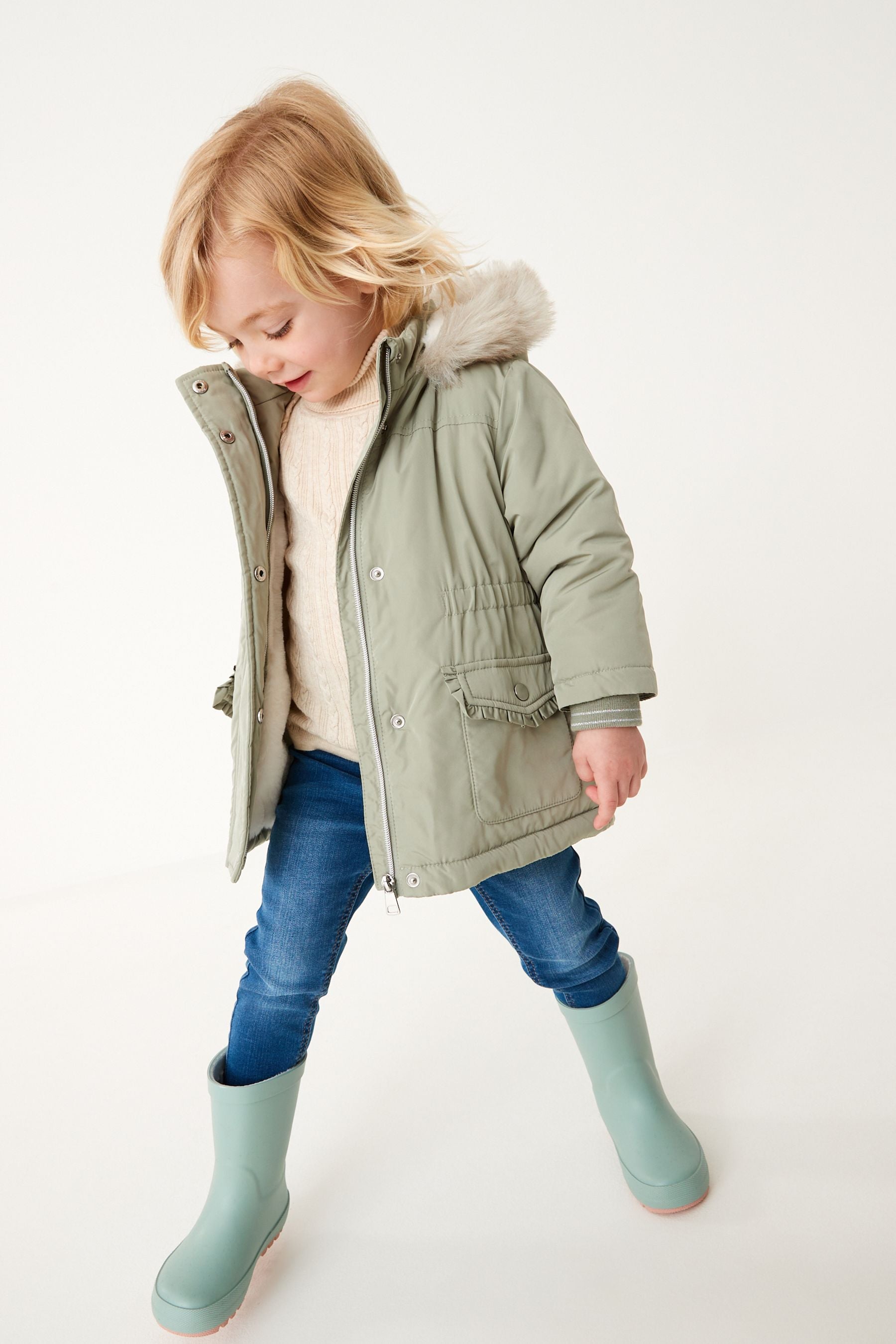 Sage Green Shower Resistant Faux Fur Trim Parka (3mths-7yrs)