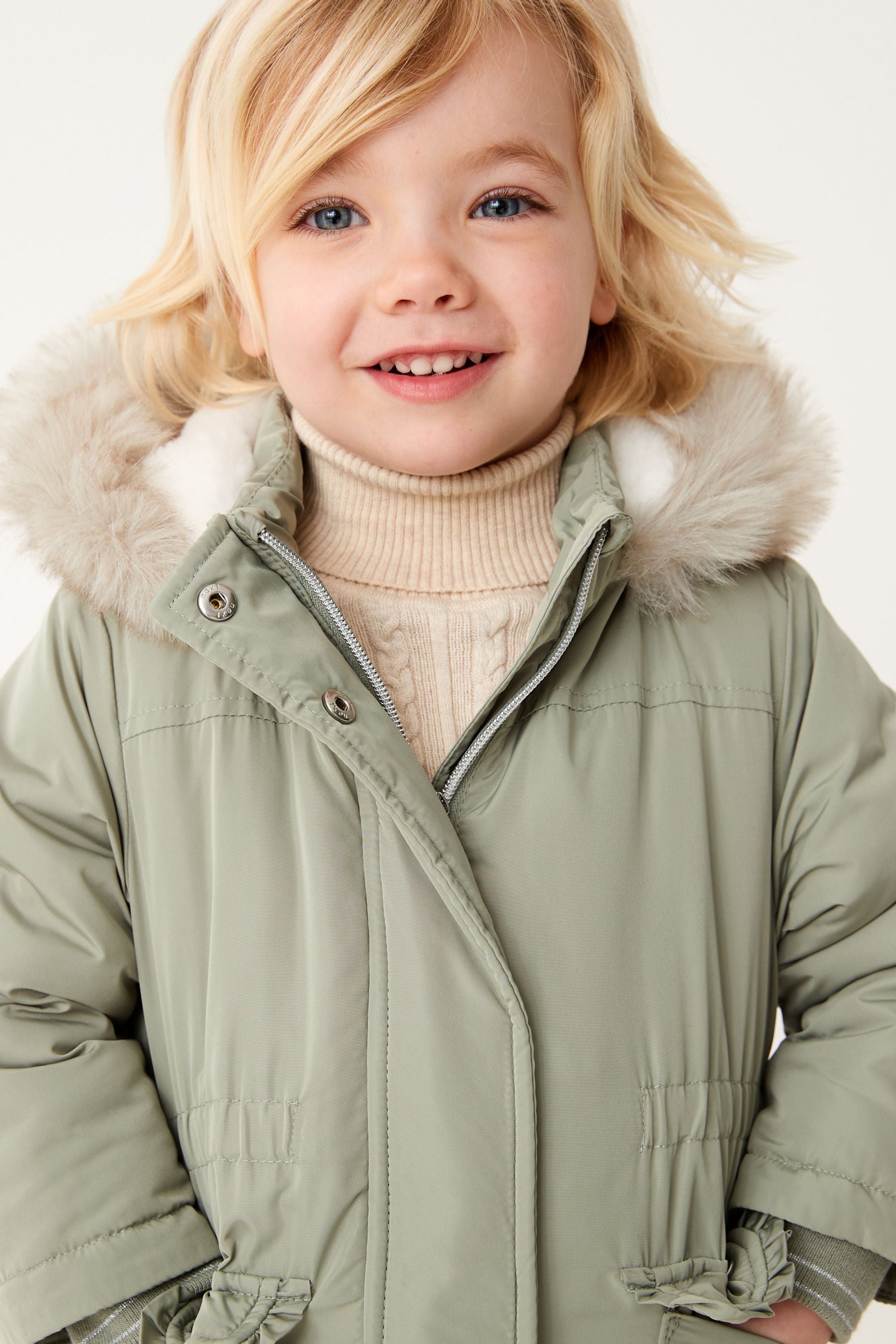 Sage Green Shower Resistant Faux Fur Trim Parka (3mths-7yrs)